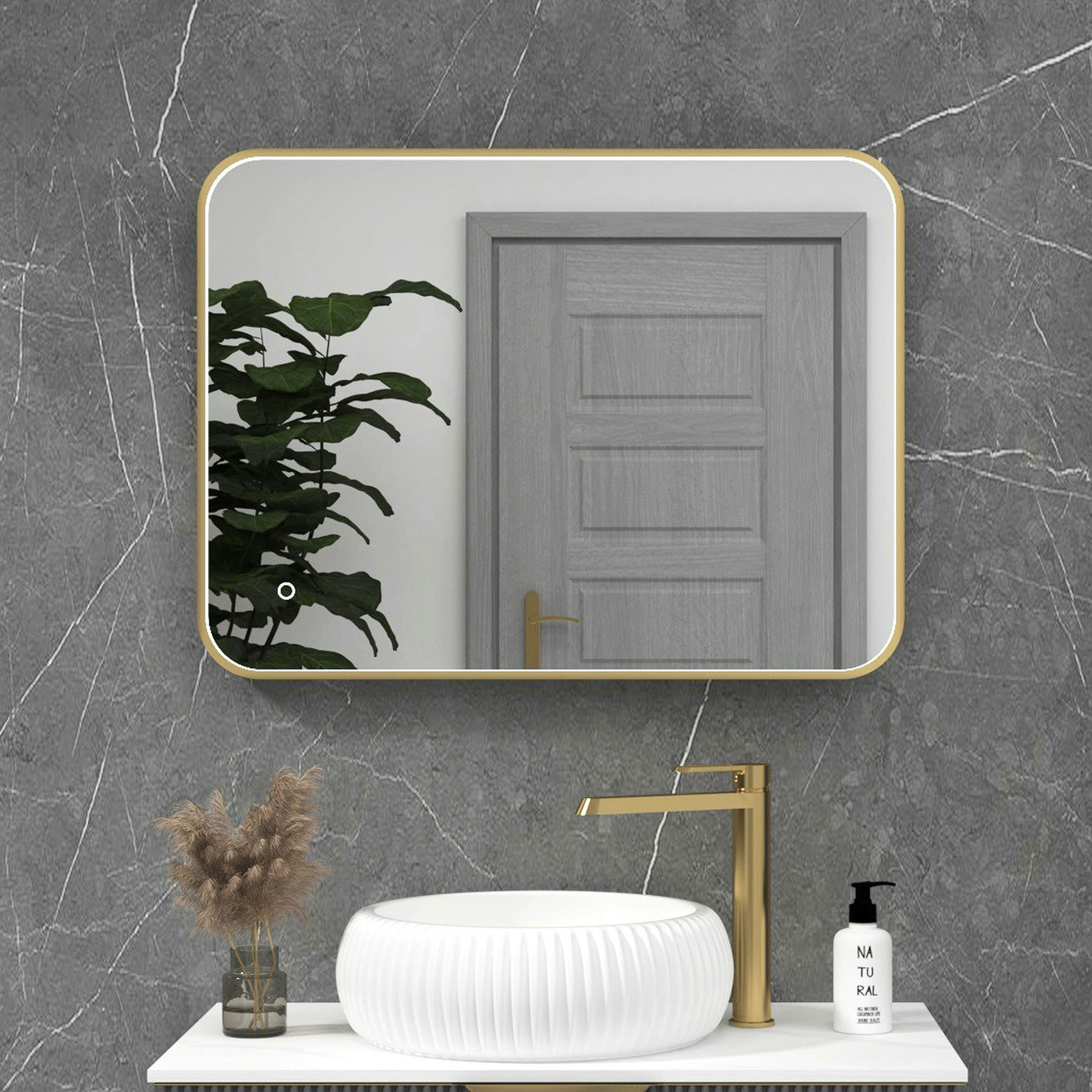 Luxor Brushed Brass Framed Rectangular Mirror Within Frame LED, Touch Sensor & Demister Pad