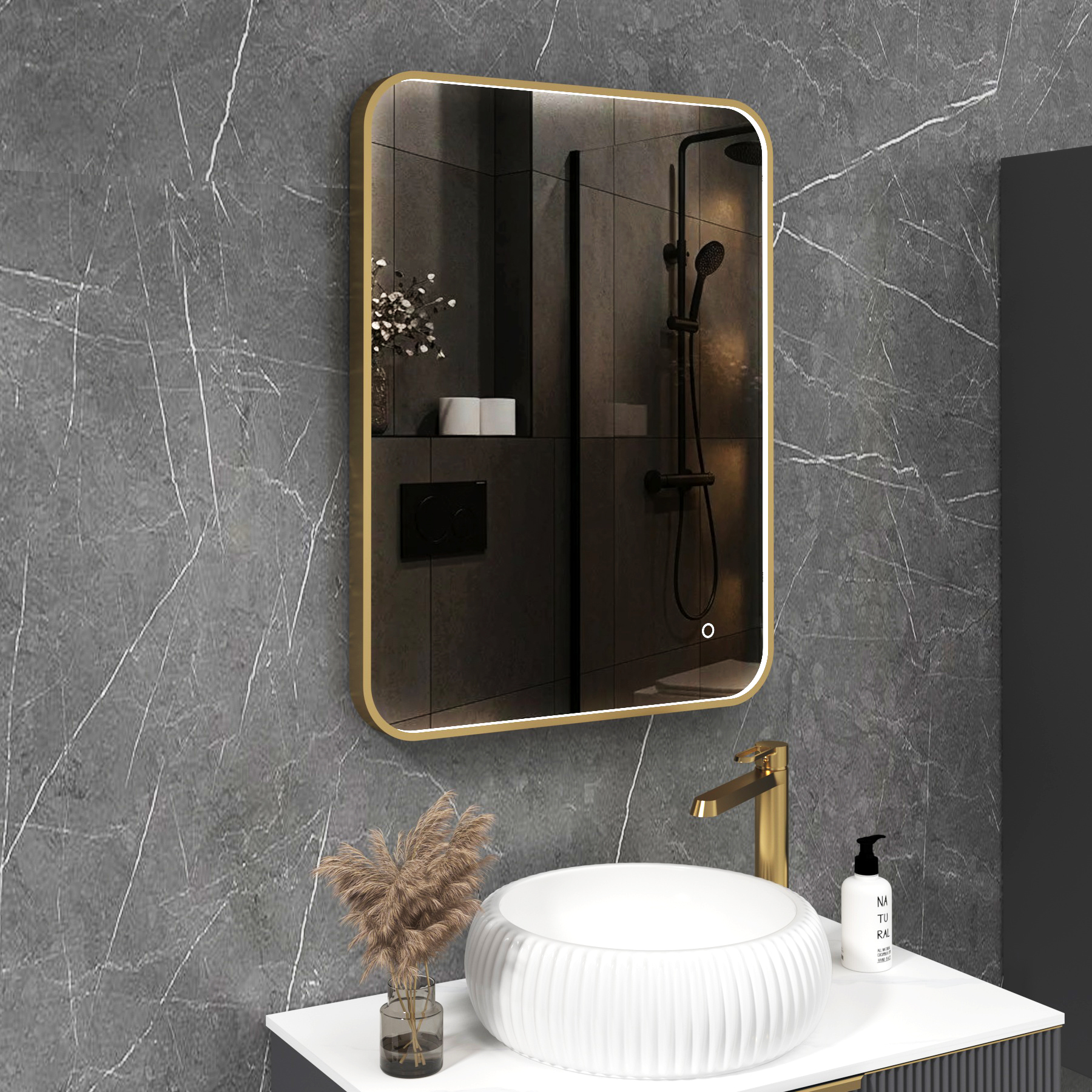 Luxor 600 x 800mm Brushed Brass Framed Rectangular Mirror Within Frame LED, Touch Sensor & Demister Pad