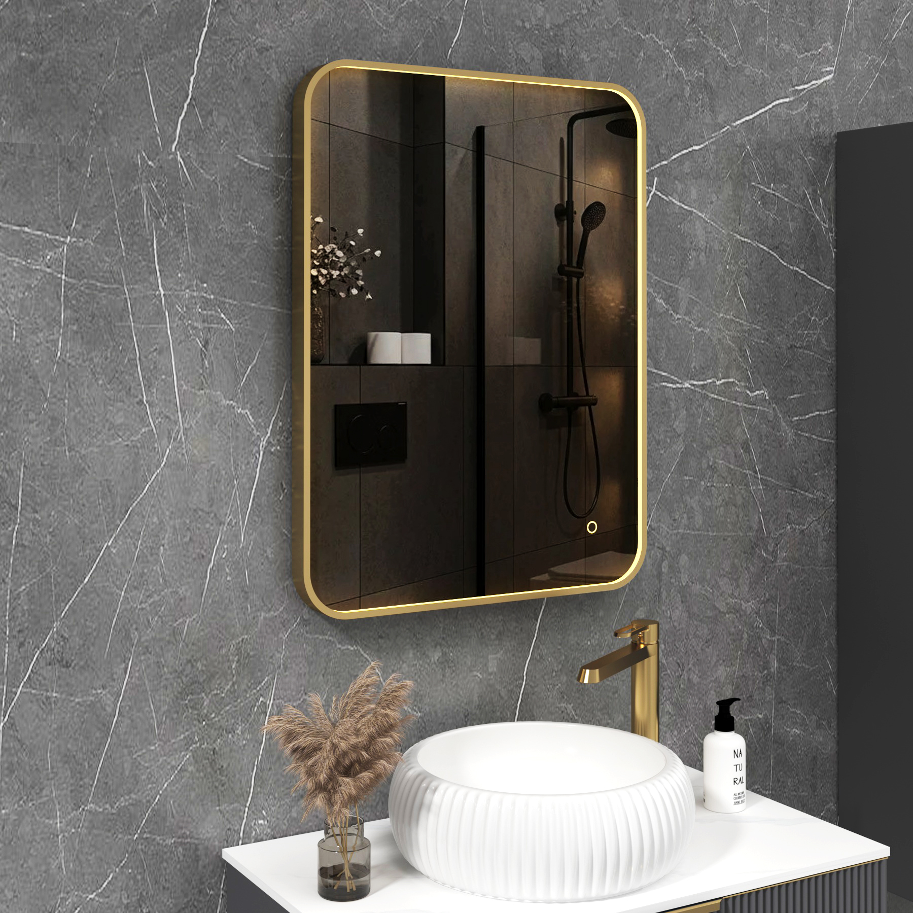 Luxor 600 x 800mm Brushed Brass Framed Rectangular Mirror Within Frame LED, Touch Sensor & Demister Pad