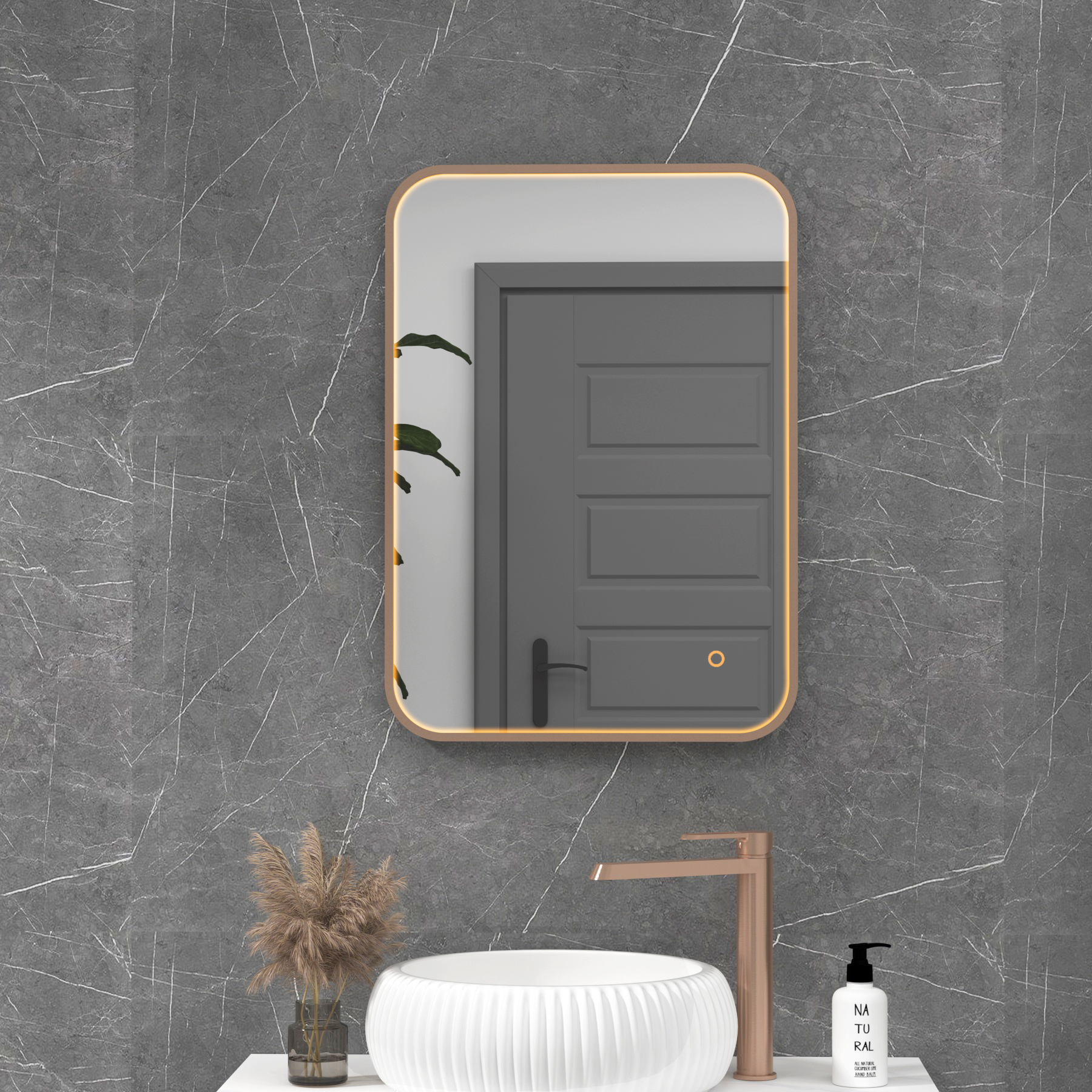 Luxor 500 x 700mm Brushed Bronze Framed Illuminated Rectangular Mirror Within Frame LED, Touch Sensor & Demister Pad