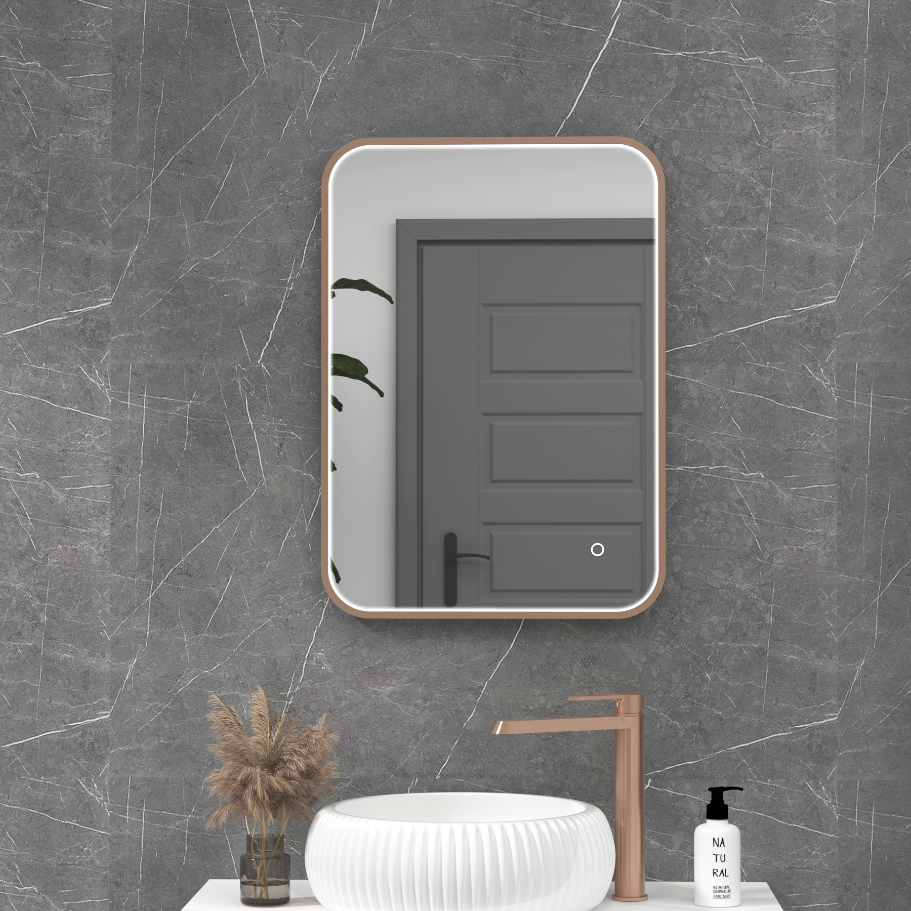 Luxor 500 x 700mm Brushed Bronze Framed Rectangular Mirror Within Frame LED, Touch Sensor & Demister Pad