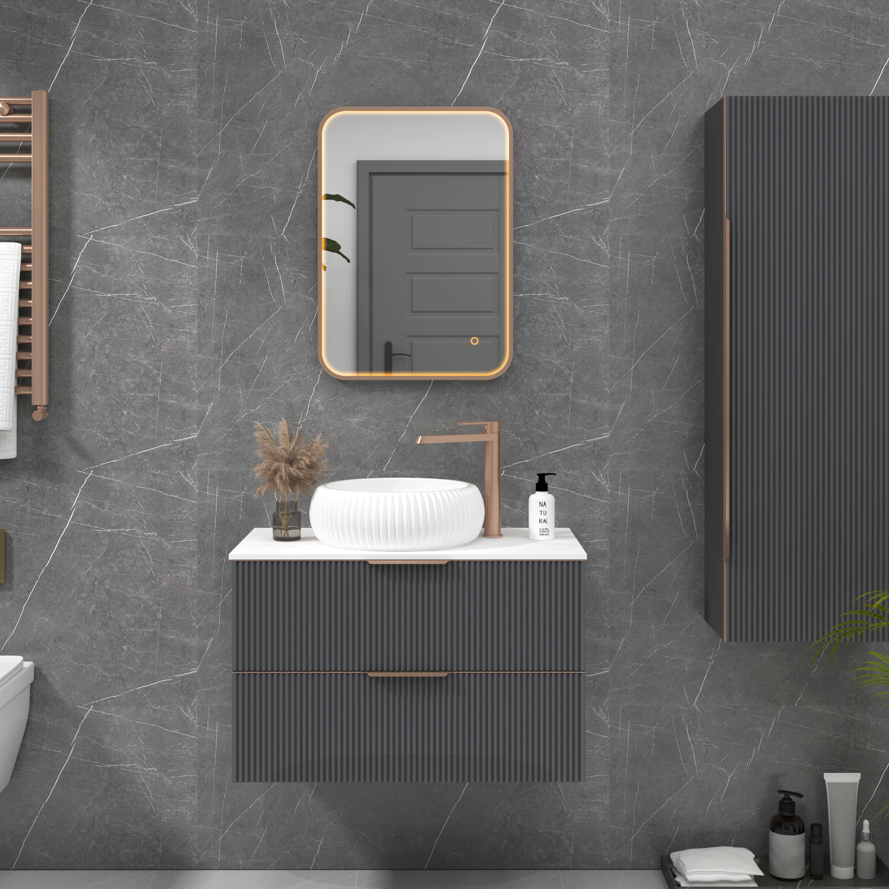 Luxor 500 x 700mm Brushed Bronze Framed Illuminated Rectangular Mirror Within Frame LED, Touch Sensor & Demister Pad