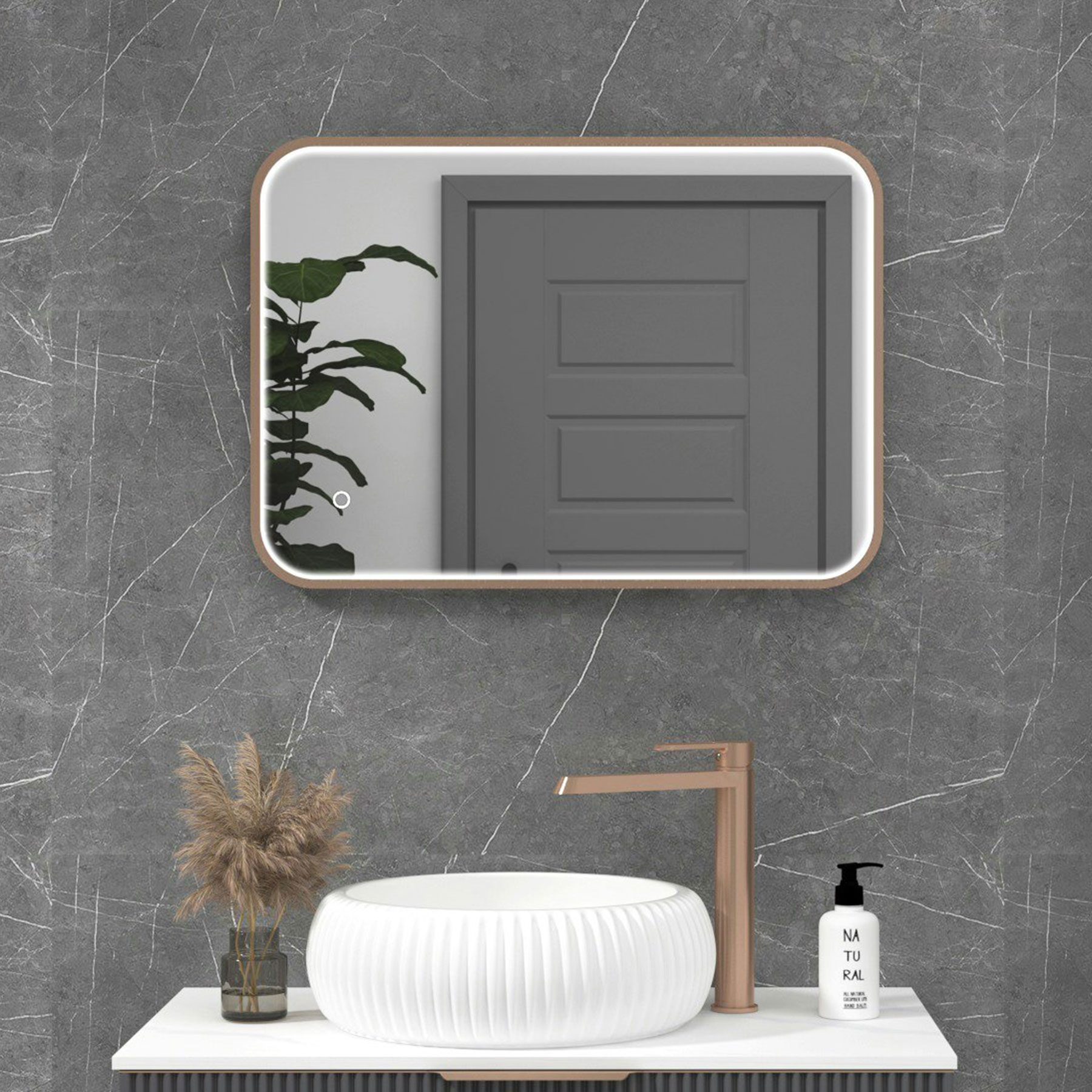 Luxor 500 x 700mm Brushed Bronze Framed Illuminated Rectangular Mirror Within Frame LED, Touch Sensor & Demister Pad