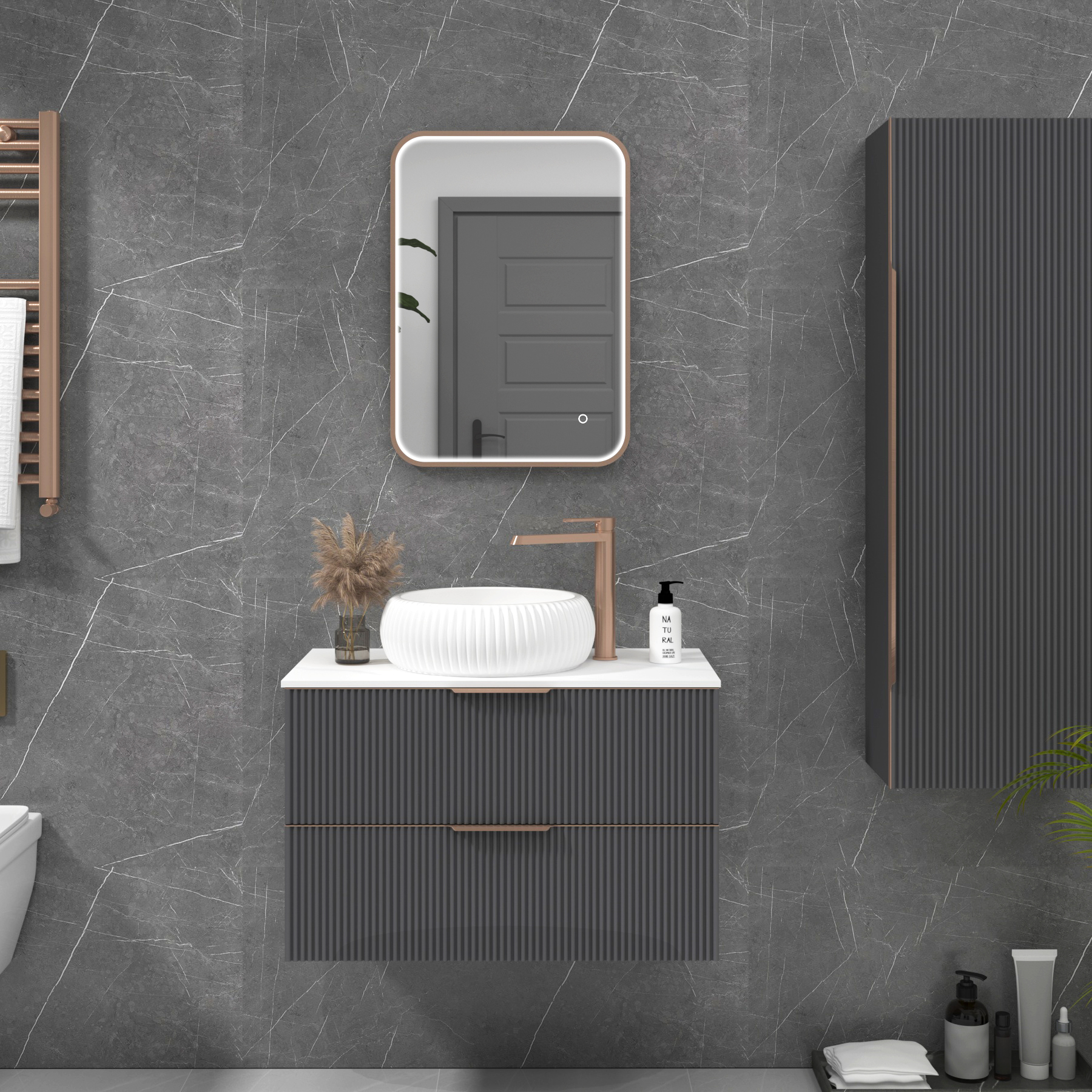 Luxor 500 x 700mm Brushed Bronze Framed Illuminated Rectangular Mirror Within Frame LED, Touch Sensor & Demister Pad
