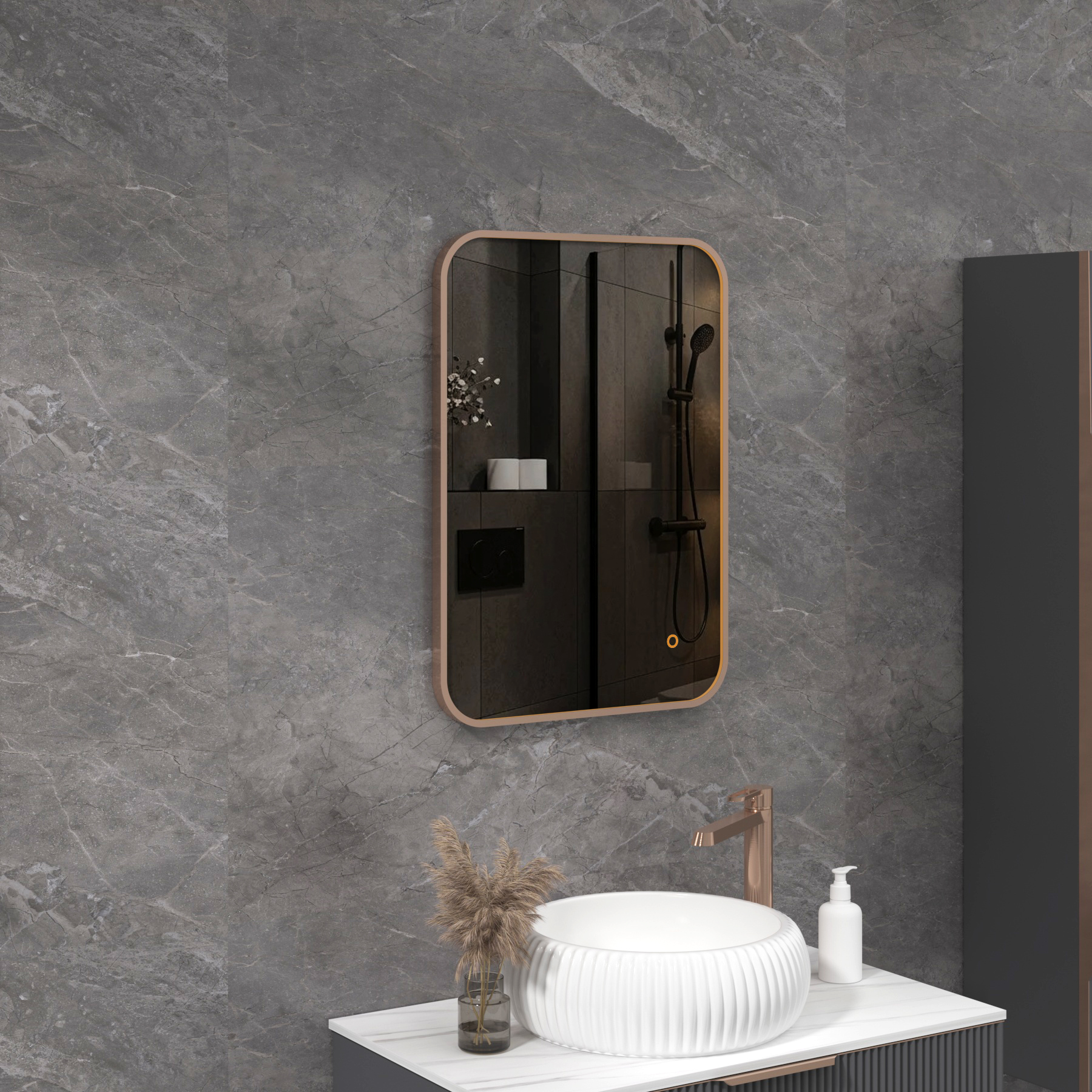 Luxor 500 x 700mm Brushed Bronze Framed Illuminated Rectangular Mirror Within Frame LED, Touch Sensor & Demister Pad
