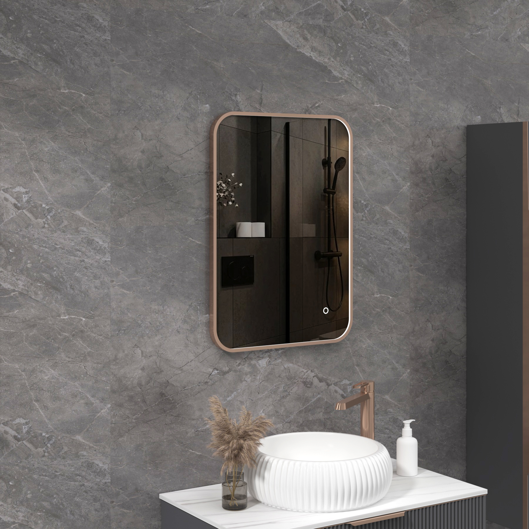 Luxor 500 x 700mm Brushed Bronze Framed Illuminated Rectangular Mirror Within Frame LED, Touch Sensor & Demister Pad