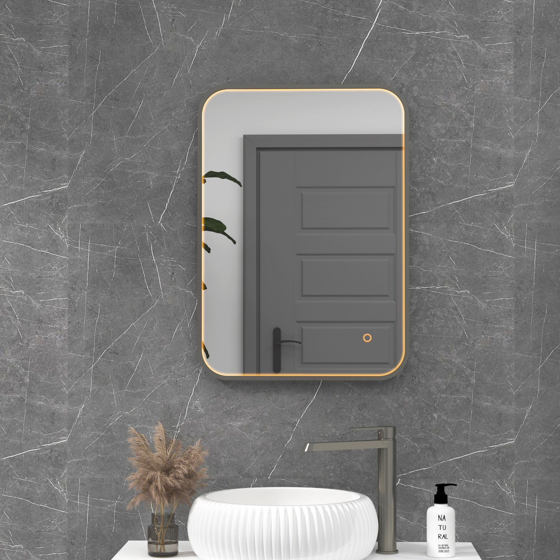 Luxor 500 x 700mm Gun Metal Grey Framed Illuminated Rectangular Mirror Within Frame LED, Touch Sensor & Demister Pad