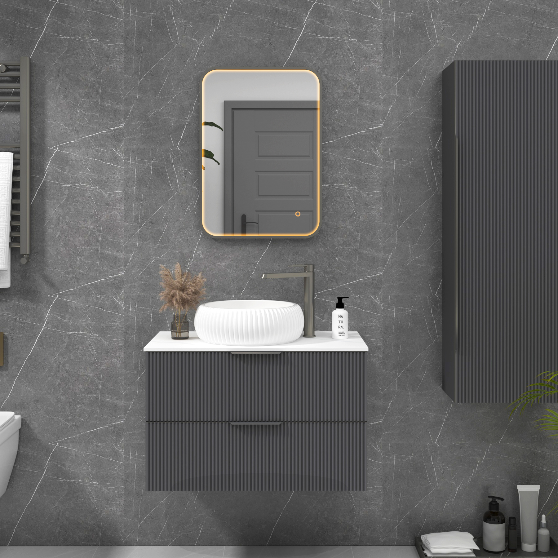 Luxor 500 x 700mm Gun Metal Grey Framed Illuminated Rectangular Mirror Within Frame LED, Touch Sensor & Demister Pad