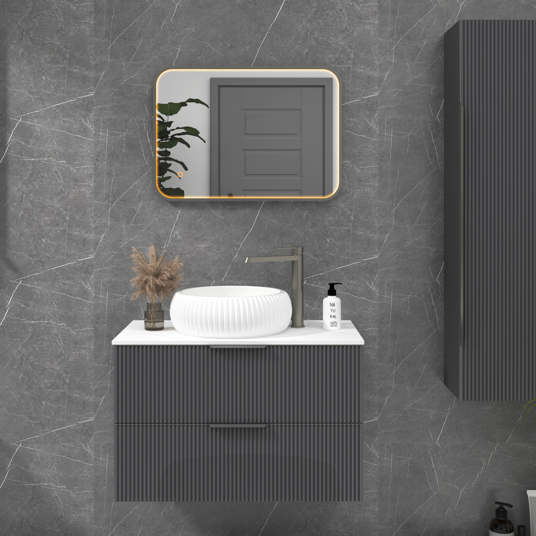 Luxor 500 x 700mm Gun Metal Grey Framed Illuminated Rectangular Mirror Within Frame LED, Touch Sensor & Demister Pad