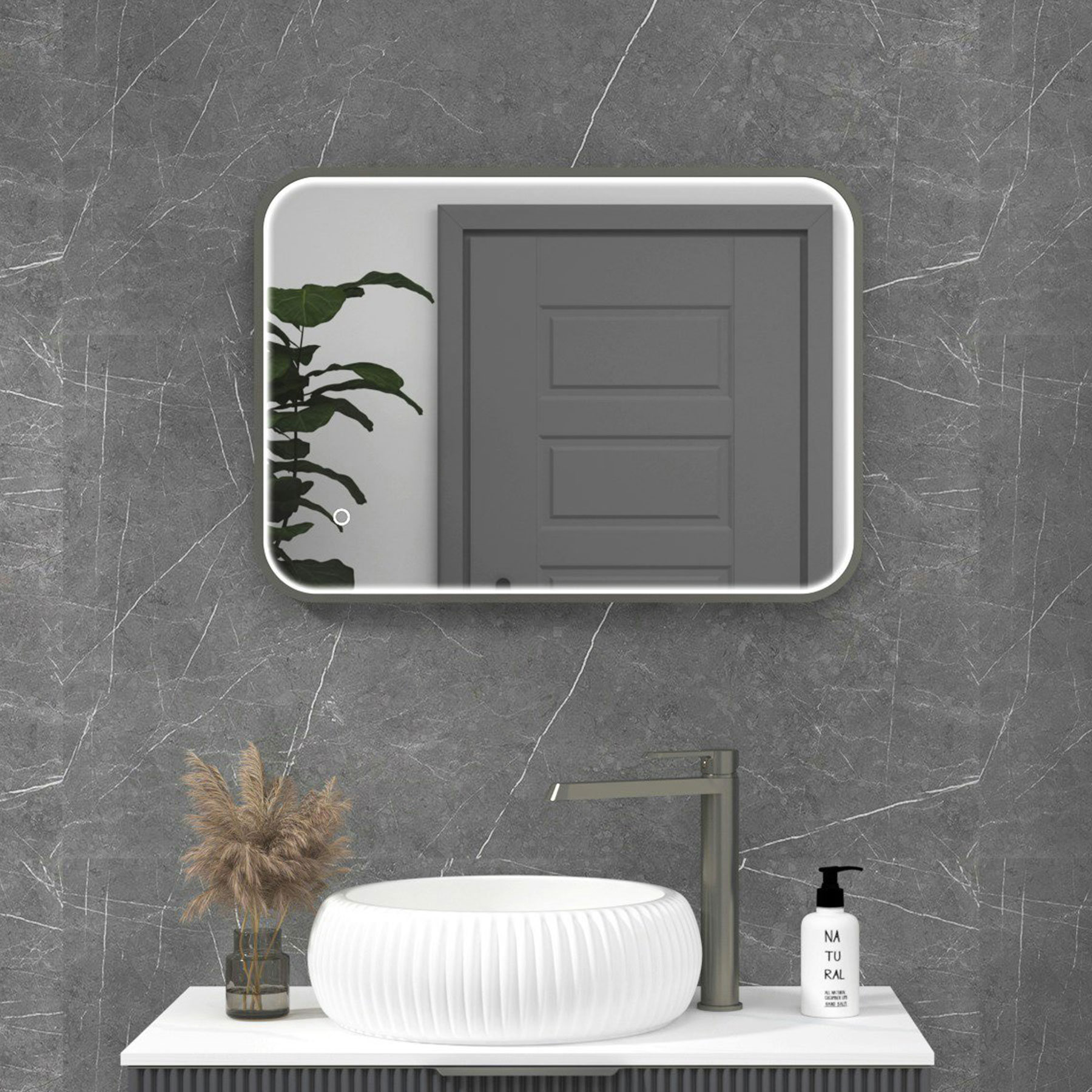 Luxor 500 x 700mm Gun Metal Grey Framed Illuminated Rectangular Mirror Within Frame LED, Touch Sensor & Demister Pad