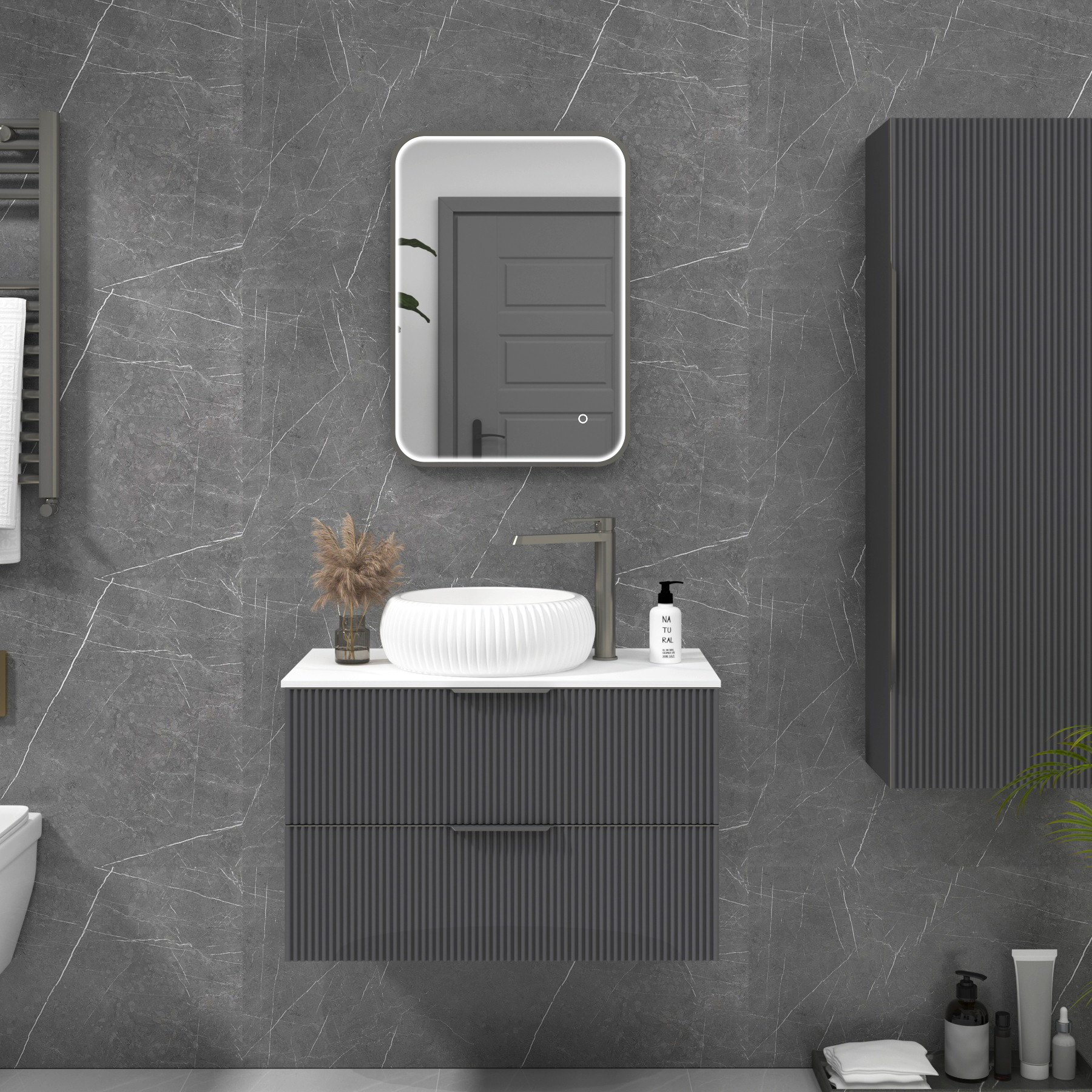 Luxor 500 x 700mm Gun Metal Grey Framed Illuminated Rectangular Mirror Within Frame LED, Touch Sensor & Demister Pad