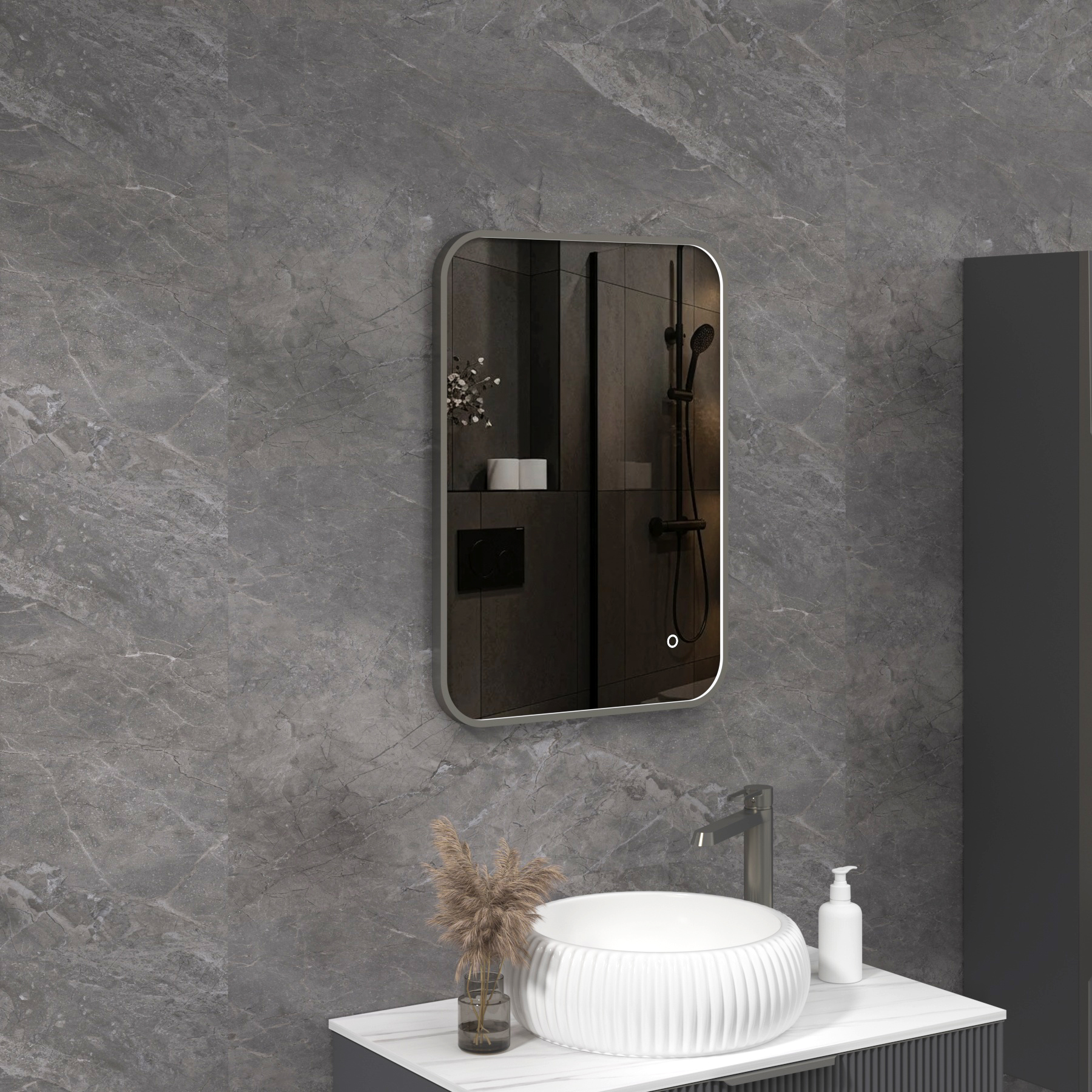 Luxor 500 x 700mm Gun Metal Grey Framed Illuminated Rectangular Mirror Within Frame LED, Touch Sensor & Demister Pad