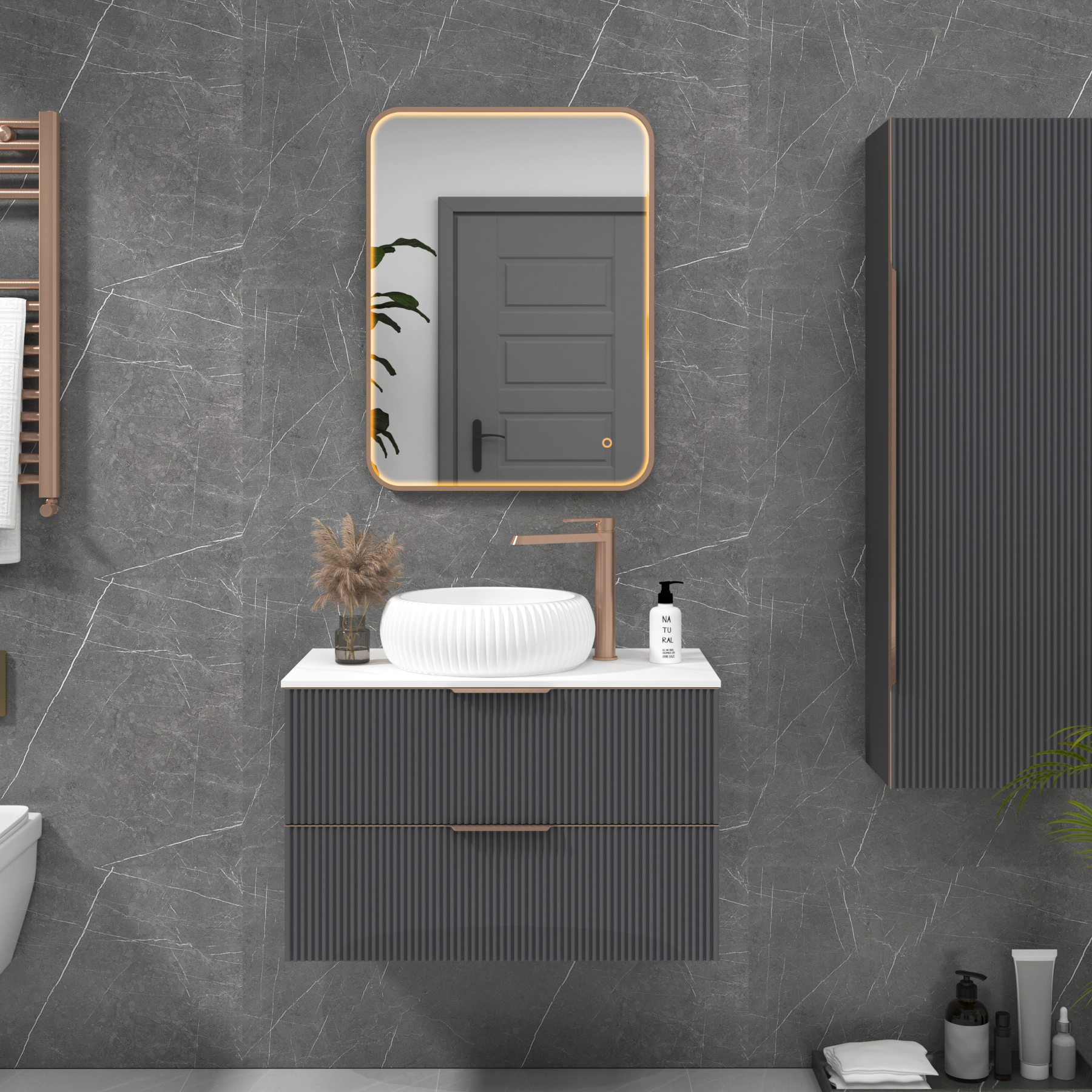 Luxor 600 x 800mm Brushed Bronze Framed Illuminated Rectangular Mirror Within Frame LED, Touch Sensor & Demister Pad