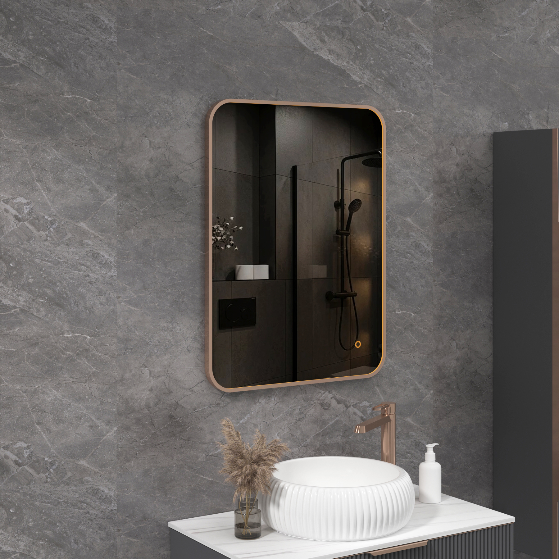 Luxor 600 x 800mm Brushed Bronze Framed Illuminated Rectangular Mirror Within Frame LED, Touch Sensor & Demister Pad