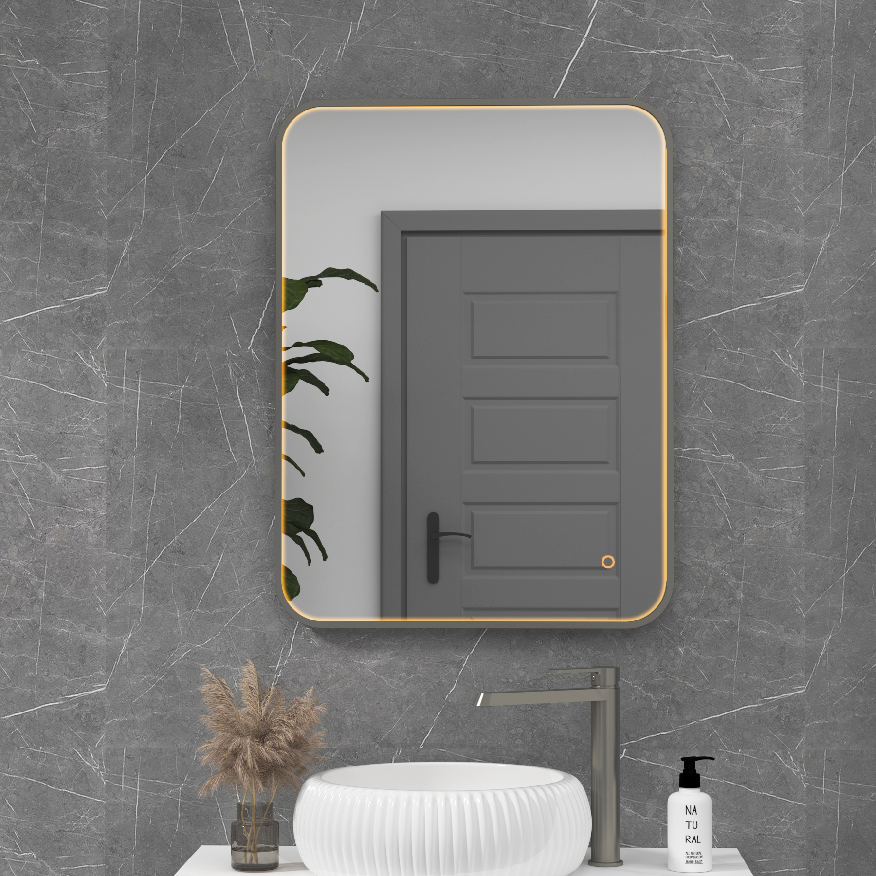 Luxor 600 x 800mm Gun Metal Grey Framed Illuminated Rectangular Mirror Within Frame LED, Touch Sensor & Demister Pad