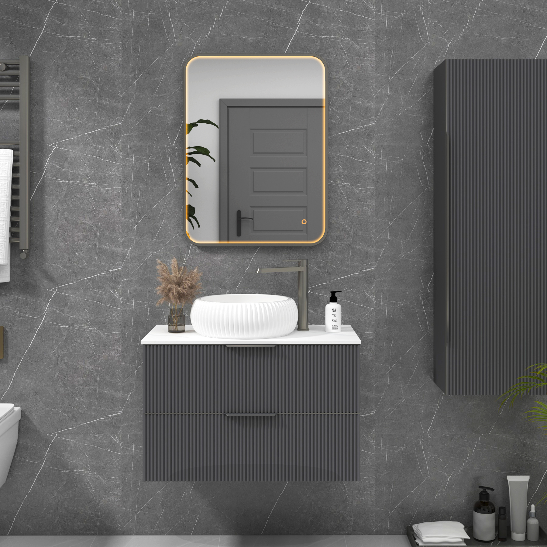 Luxor 600 x 800mm Gun Metal Grey Framed Illuminated Rectangular Mirror Within Frame LED, Touch Sensor & Demister Pad