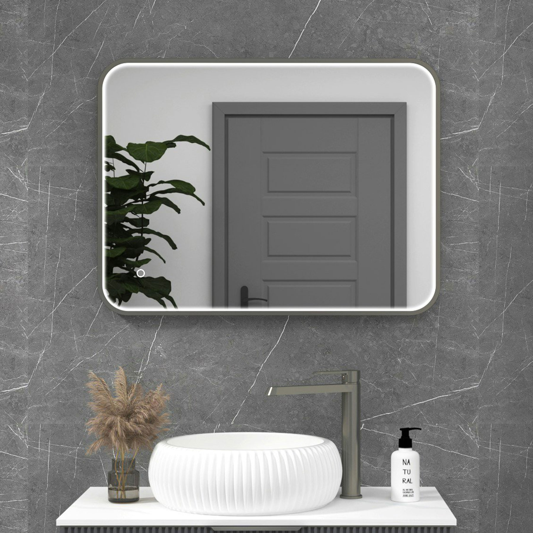 Luxor 600 x 800mm Gun Metal Grey Framed Illuminated Rectangular Mirror Within Frame LED, Touch Sensor & Demister Pad