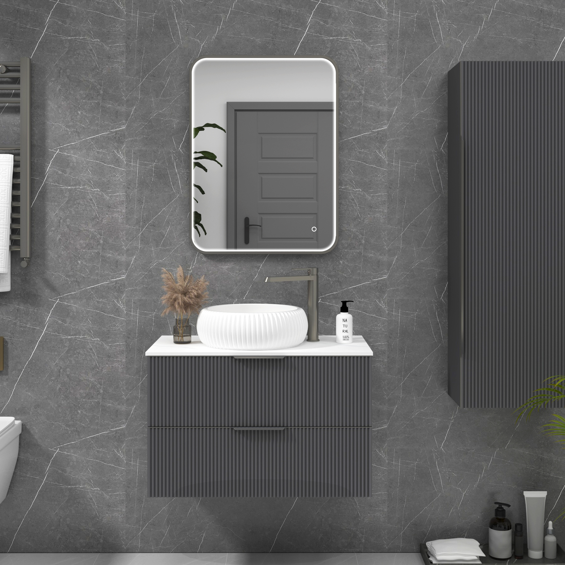Luxor 600 x 800mm Gun Metal Grey Framed Illuminated Rectangular Mirror Within Frame LED, Touch Sensor & Demister Pad