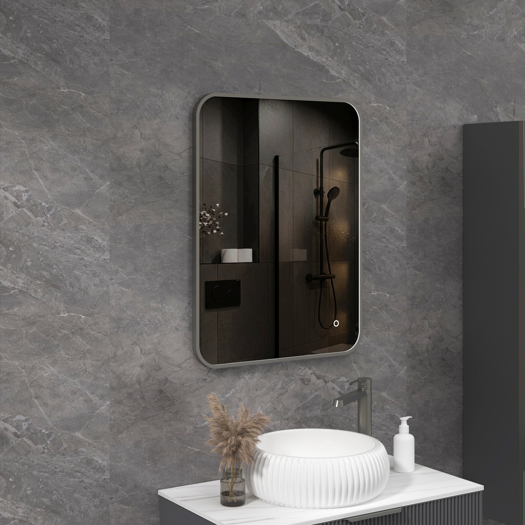 Luxor 600 x 800mm Gun Metal Grey Framed Illuminated Rectangular Mirror Within Frame LED, Touch Sensor & Demister Pad