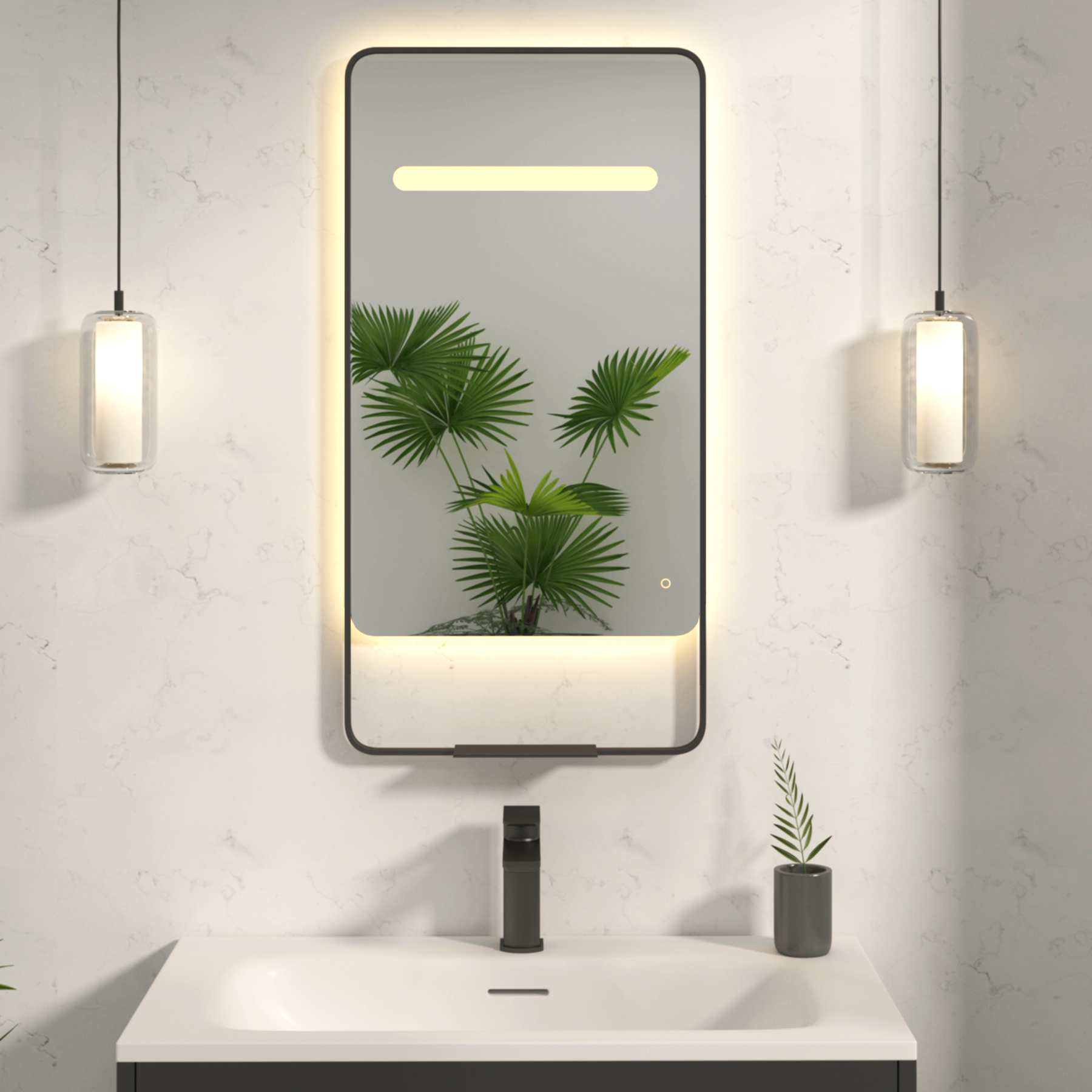 Verona 900 x 460mm Matt Black Back & Front Lit LED Framed Mirror with Integrated Light Bar, Demister Pad & Touch Sensor