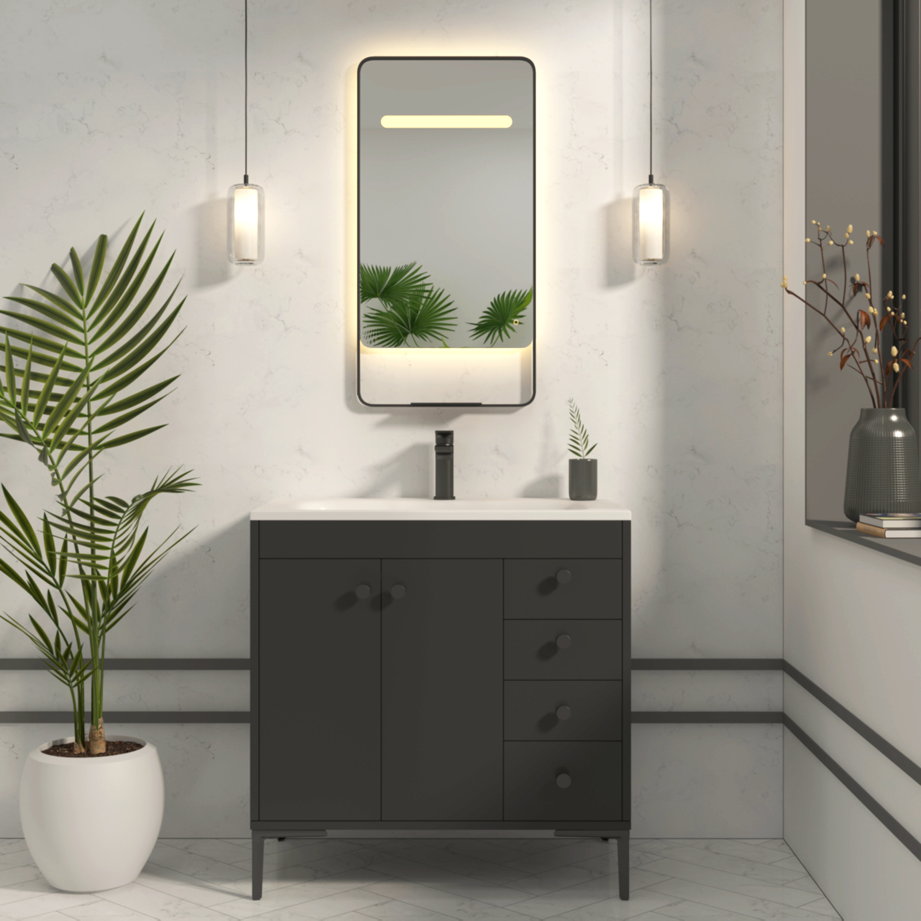 Verona 900 x 460mm Matt Black Back & Front Lit LED Framed Mirror with Integrated Light Bar, Demister Pad & Touch Sensor