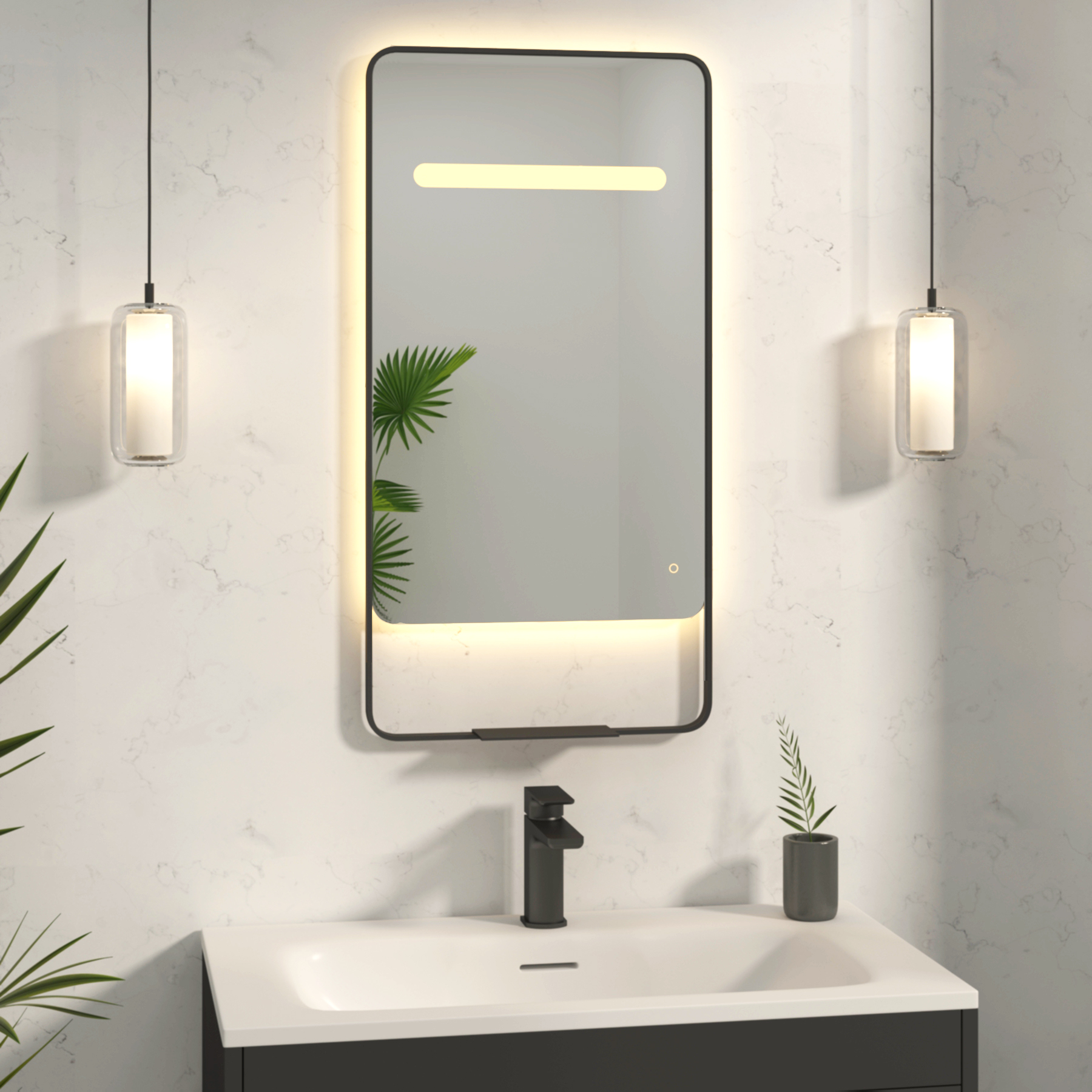 Verona 900 x 460mm Matt Black Back & Front Lit LED Framed Mirror with Integrated Light Bar, Demister Pad & Touch Sensor