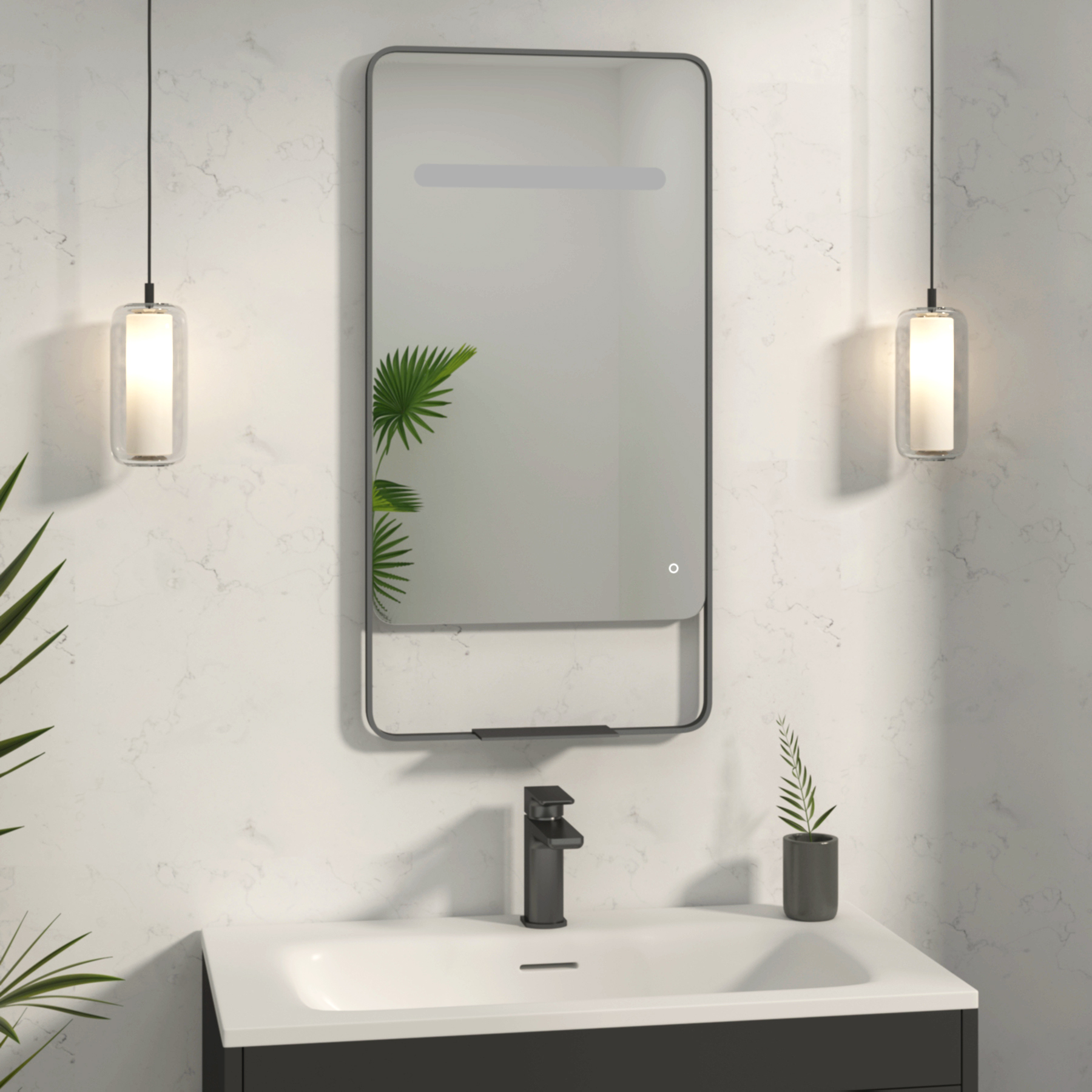 Verona 900 x 460mm Matt Black Back & Front Lit LED Framed Mirror with Integrated Light Bar, Demister Pad & Touch Sensor