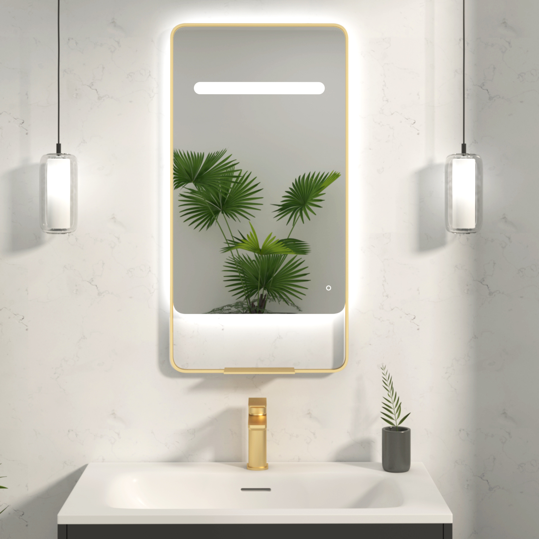 Verona 900 x 460mm Brushed Brass Back & Front Lit LED Framed Mirror with Integrated Light Bar, Demister Pad & Touch Sensor