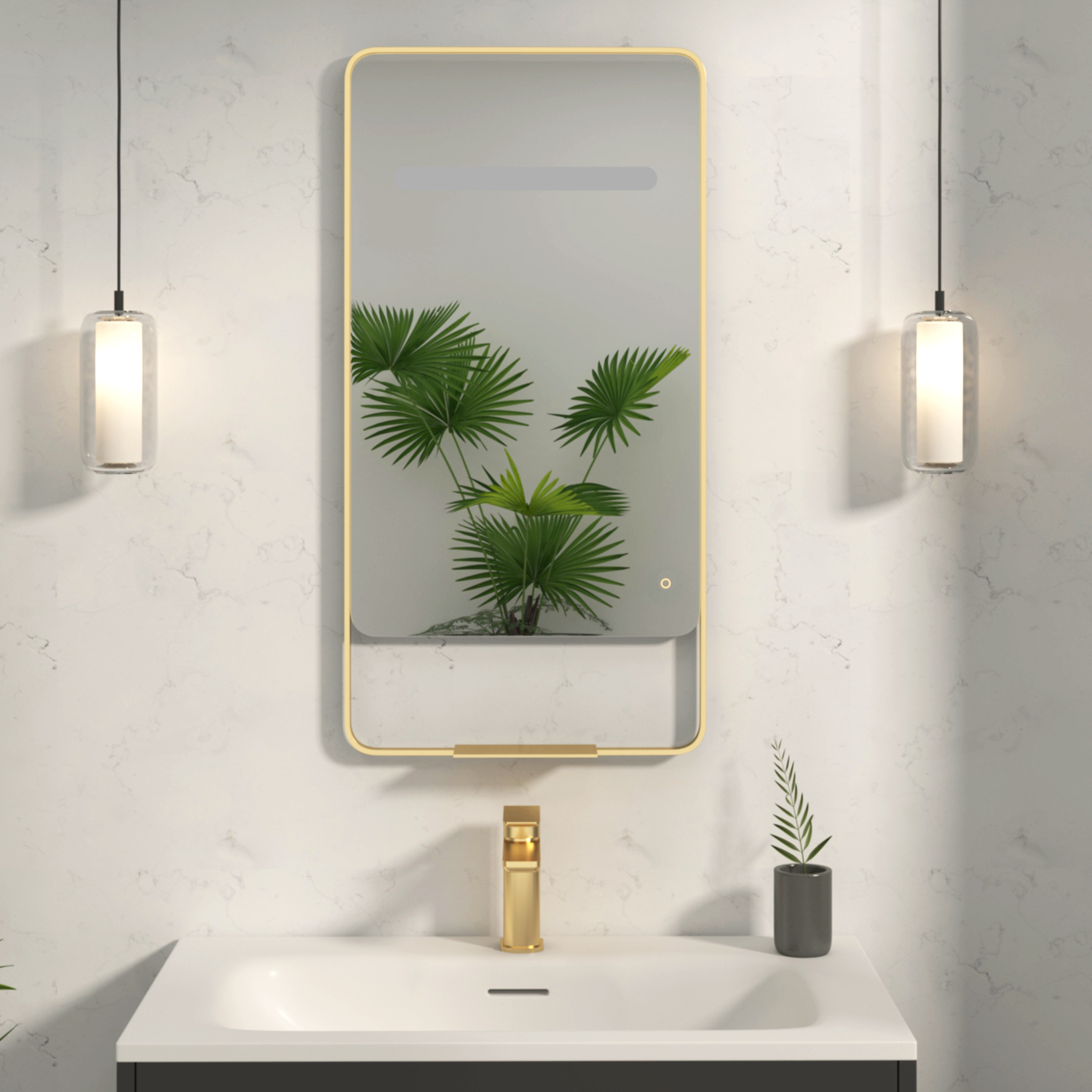 Verona 900 x 460mm Brushed Brass Back & Front Lit LED Framed Mirror with Integrated Light Bar, Demister Pad & Touch Sensor