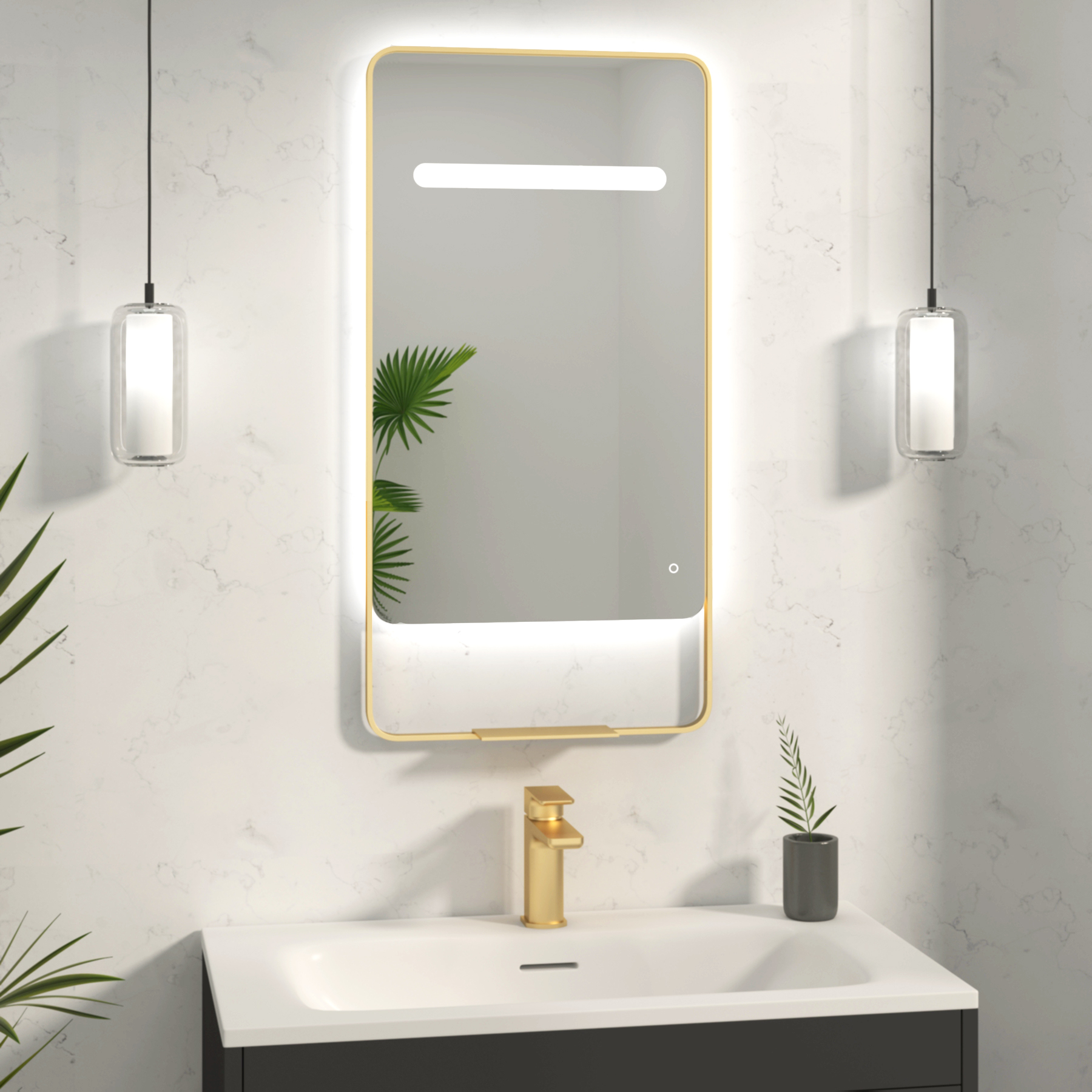 Verona 900 x 460mm Brushed Brass Back & Front Lit LED Framed Mirror with Integrated Light Bar, Demister Pad & Touch Sensor