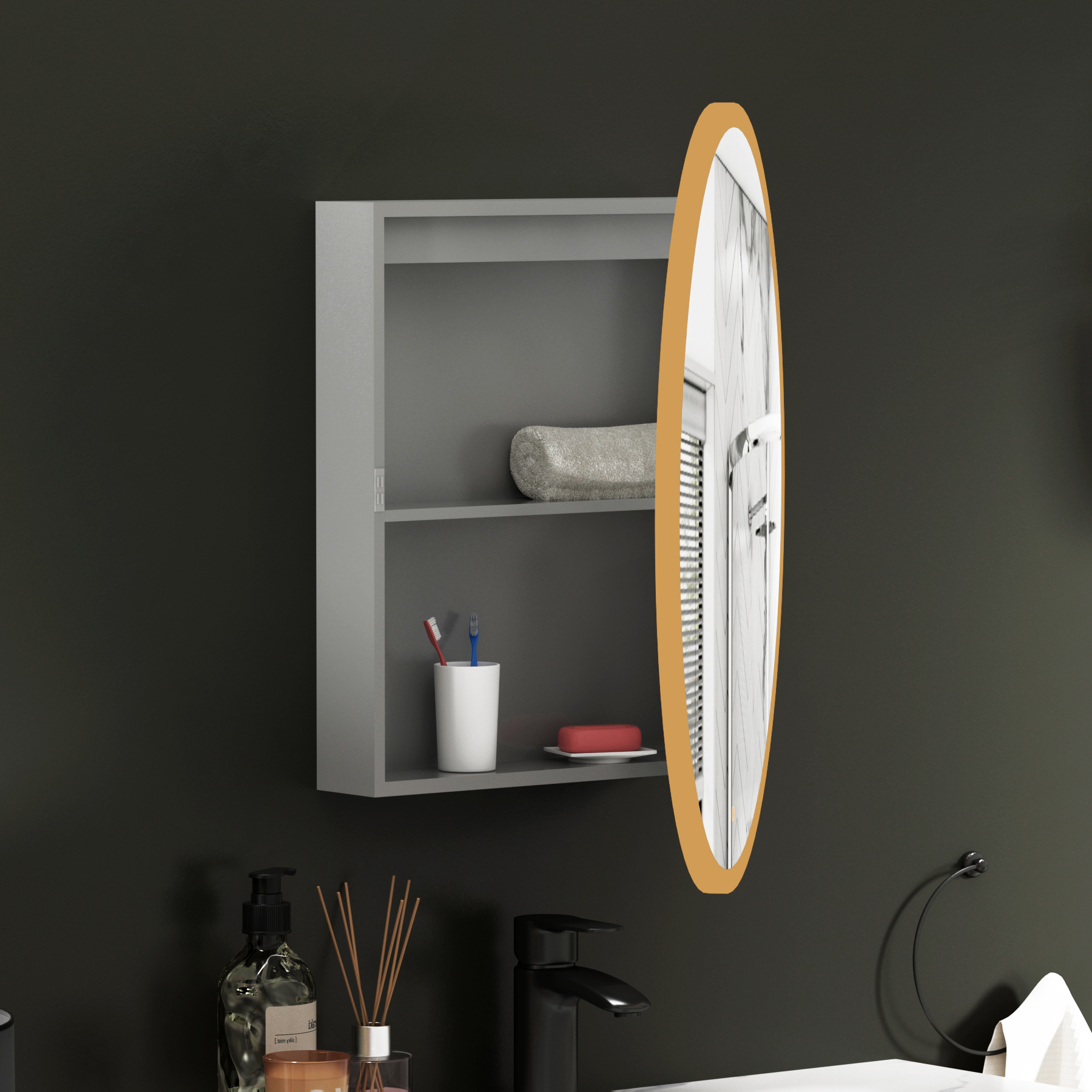 Avenza Frontlit Framed LED Cabinet Illuminated Round Mirror with Demister Pad & Touch Sensor