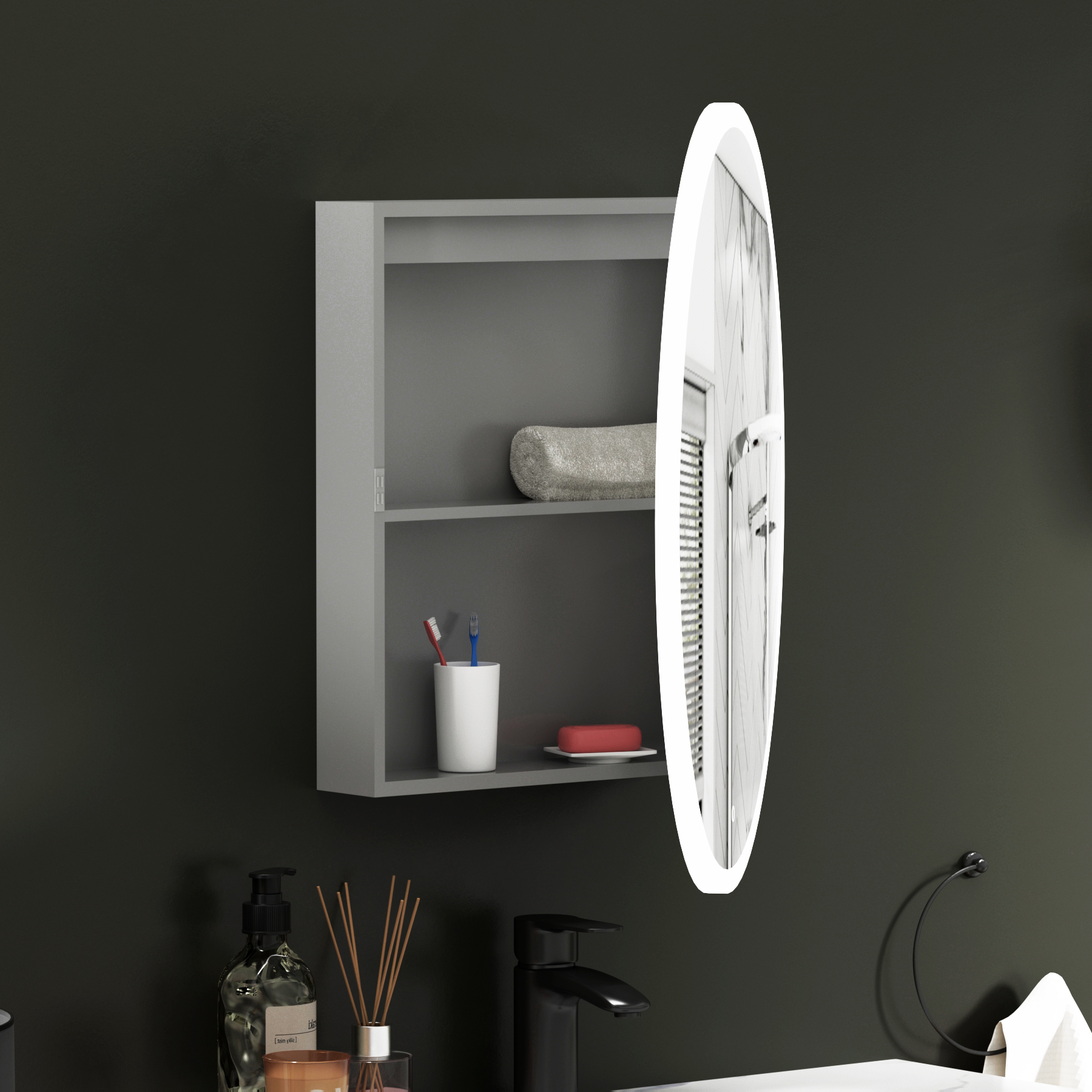 Avenza Frontlit Framed LED Cabinet Illuminated Round Mirror with Demister Pad & Touch Sensor