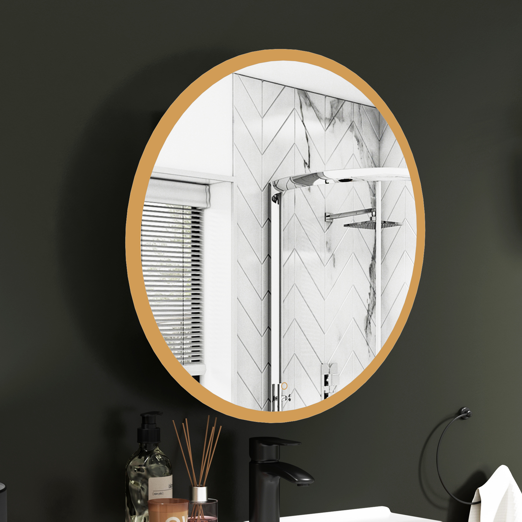 Avenza Frontlit Framed LED Cabinet Illuminated Round Mirror with Demister Pad & Touch Sensor