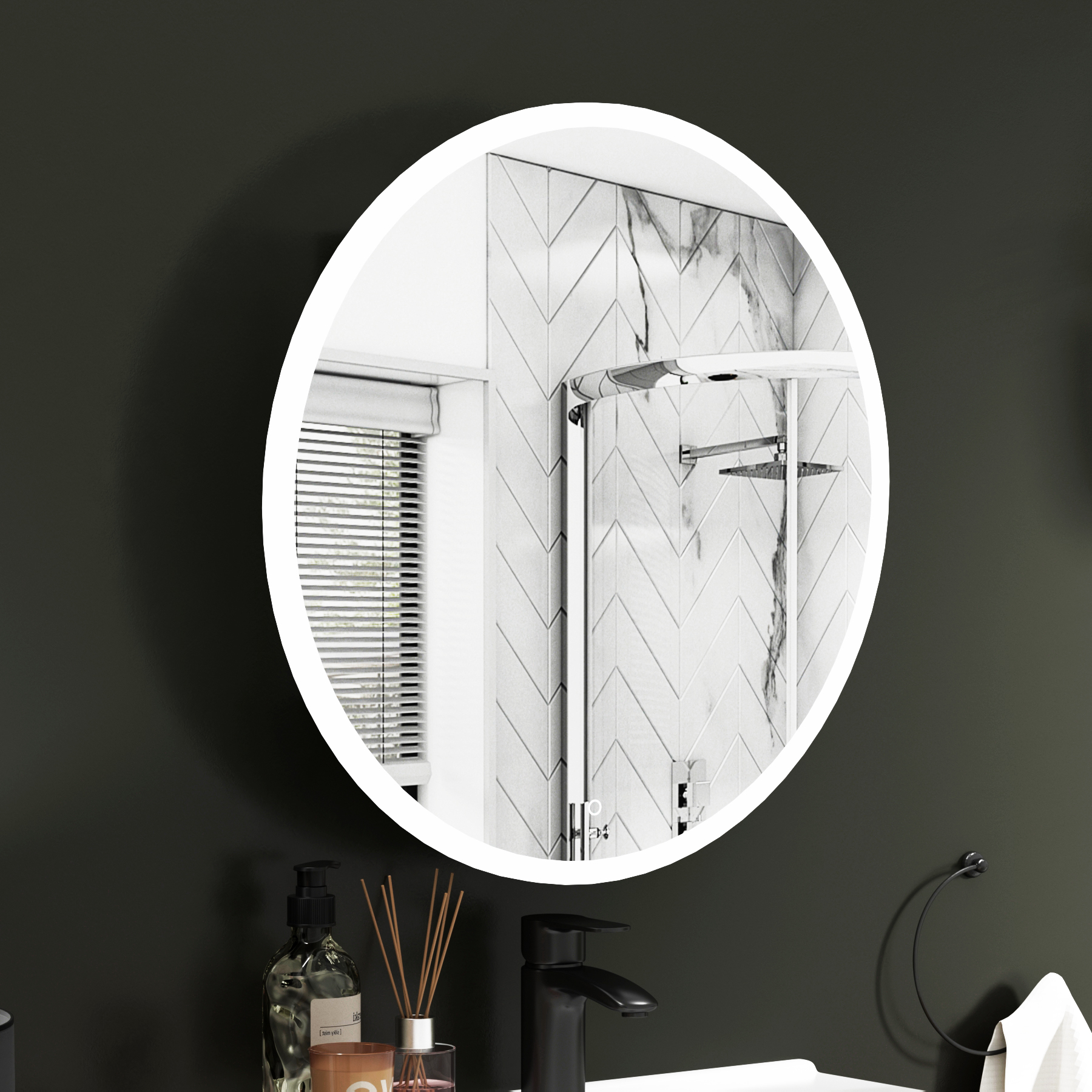Avenza Frontlit Framed LED Cabinet Illuminated Round Mirror with Demister Pad & Touch Sensor