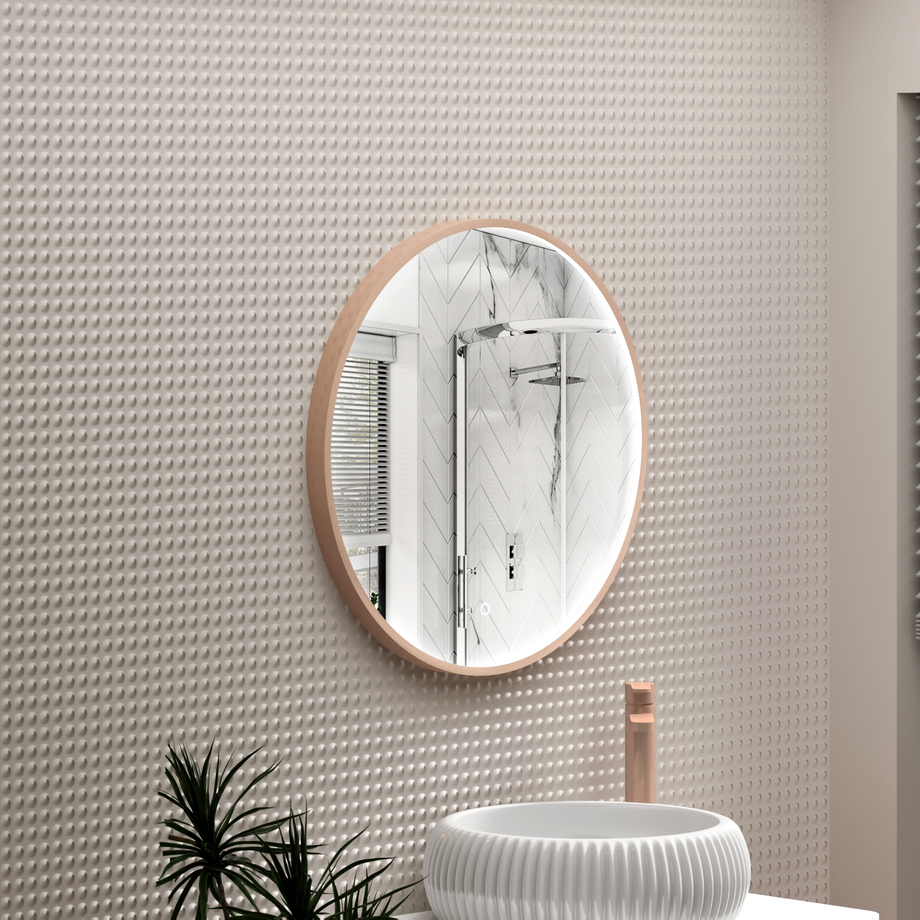 Luxor 600 x 600mm Brushed Bronze Round Framed Mirror Within Frame LED, Touch Sensor & Demister Pad
