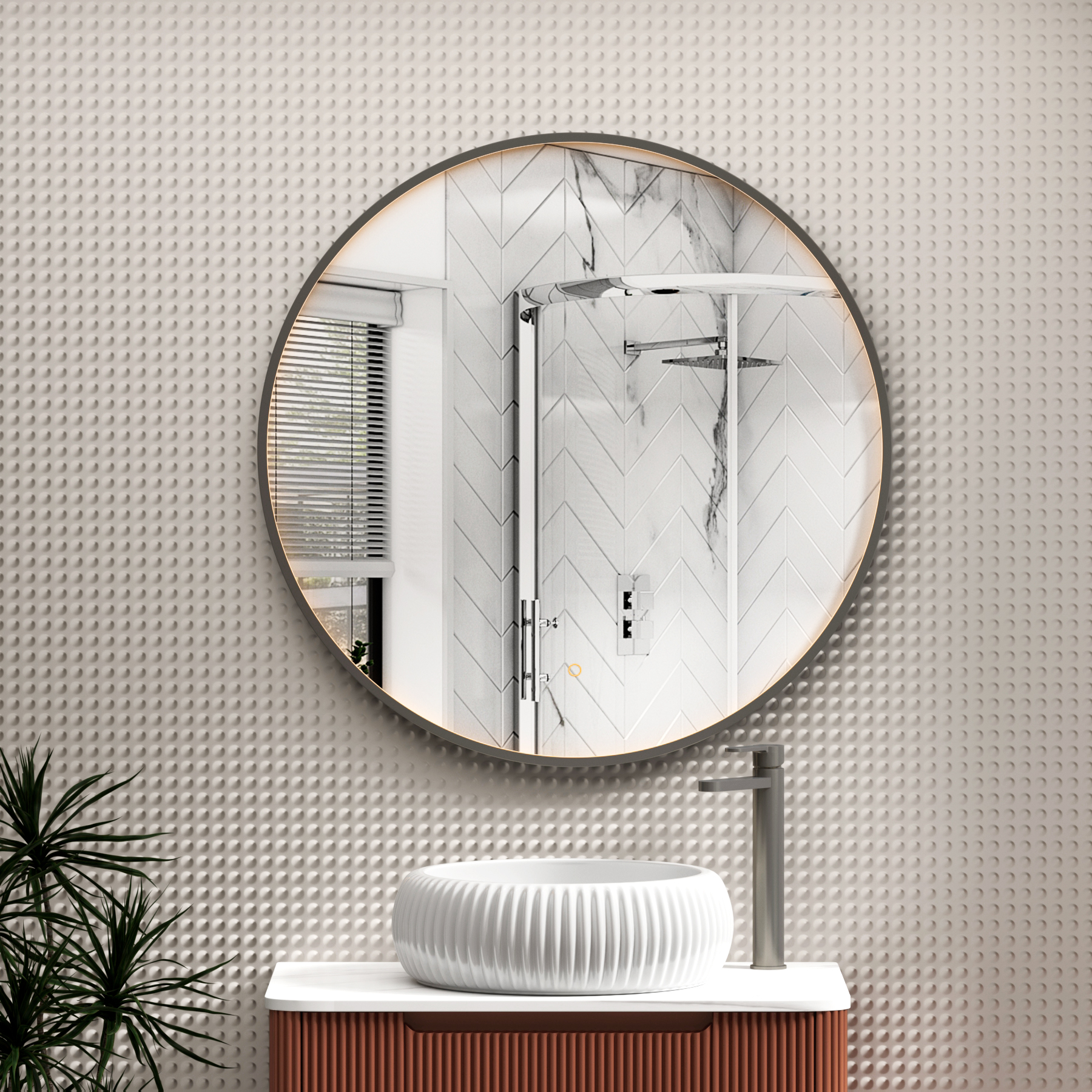 Luxor 800 x 800mm Gun Metal Grey Round Framed Mirror Within Frame LED, Touch Sensor & Demister Pad