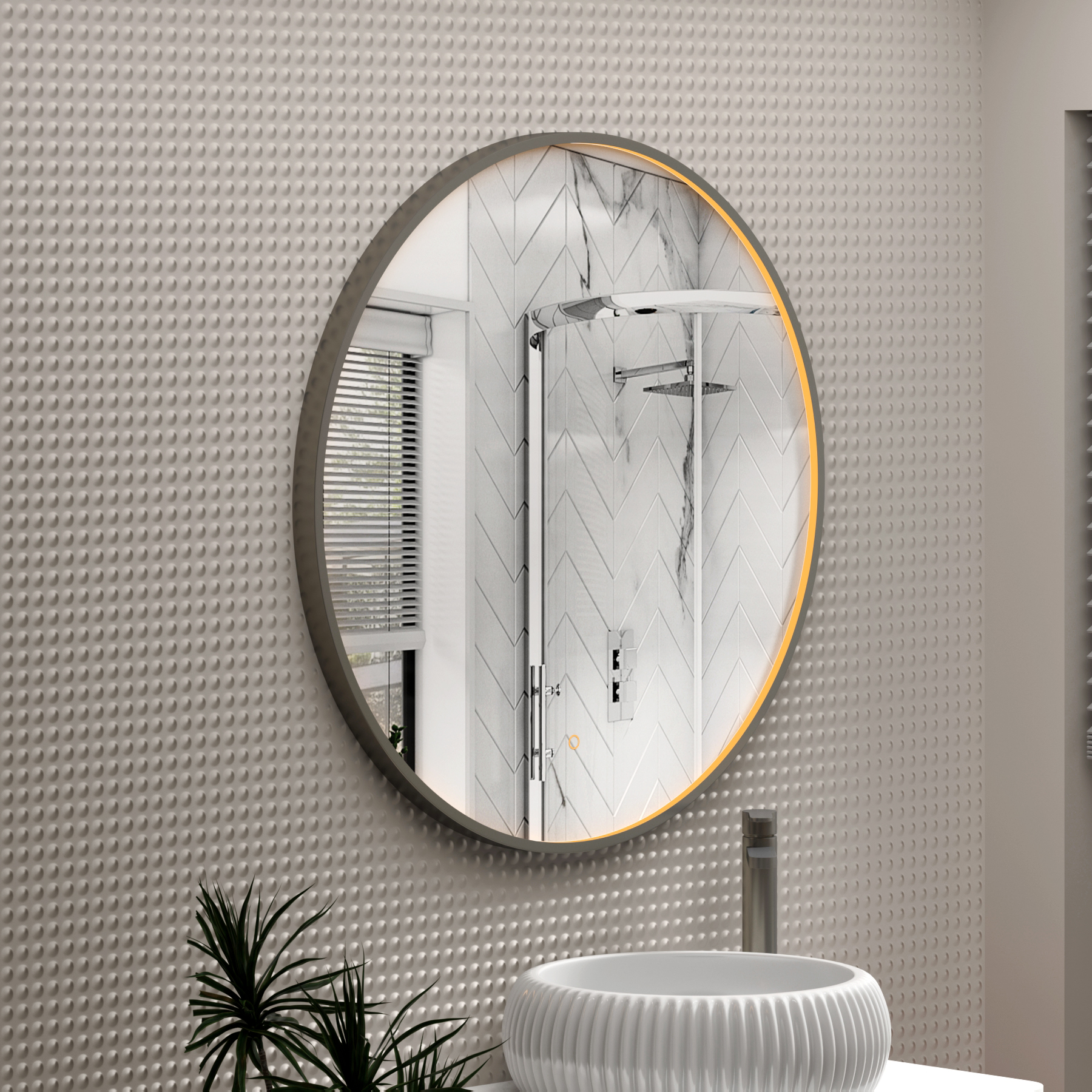 Luxor 800 x 800mm Gun Metal Grey Round Framed Mirror Within Frame LED, Touch Sensor & Demister Pad