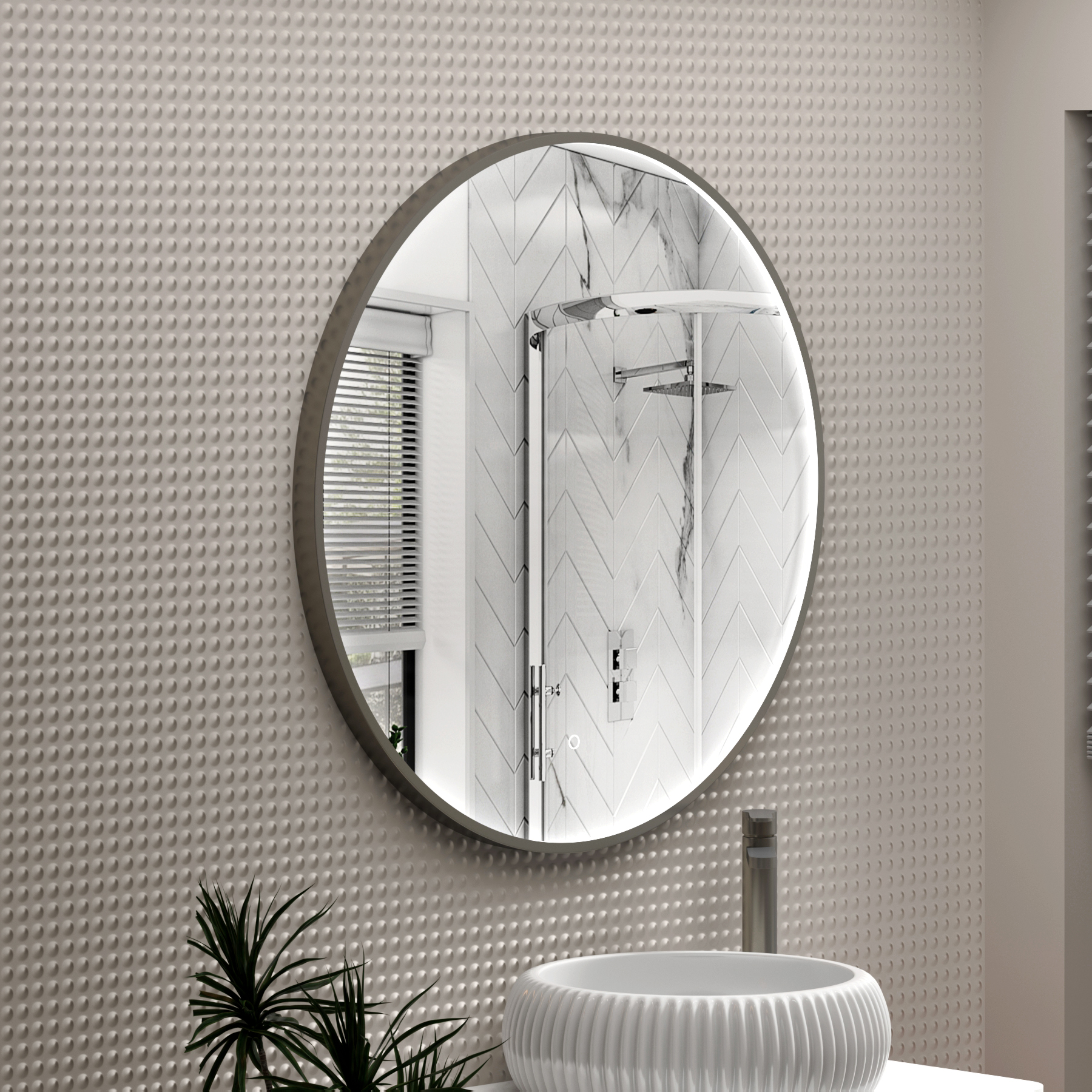 Luxor 800 x 800mm Gun Metal Grey Round Framed Mirror Within Frame LED, Touch Sensor & Demister Pad