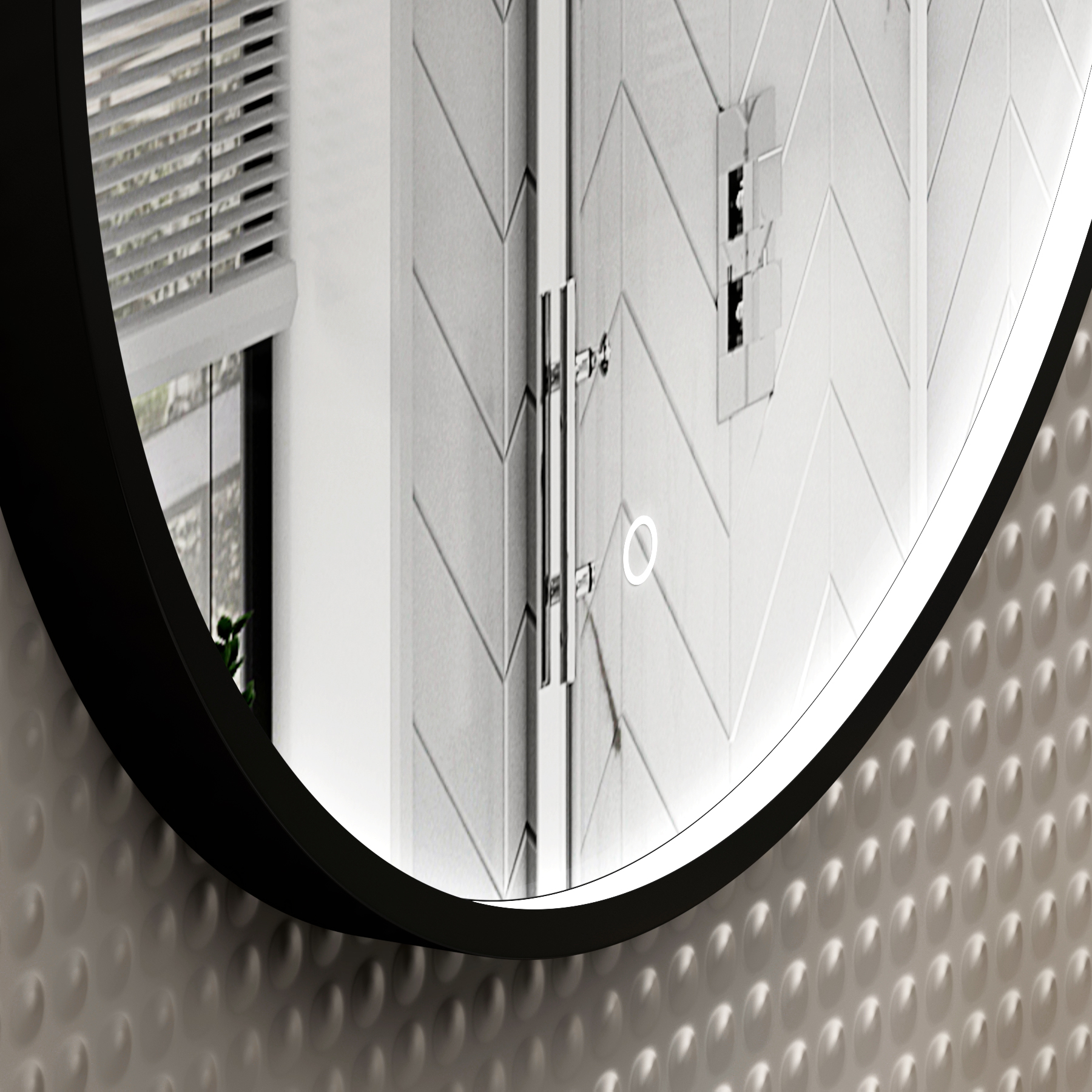 Luxor Matt Black Round Framed Mirror Within Frame LED, Touch Sensor & Demister Pad
