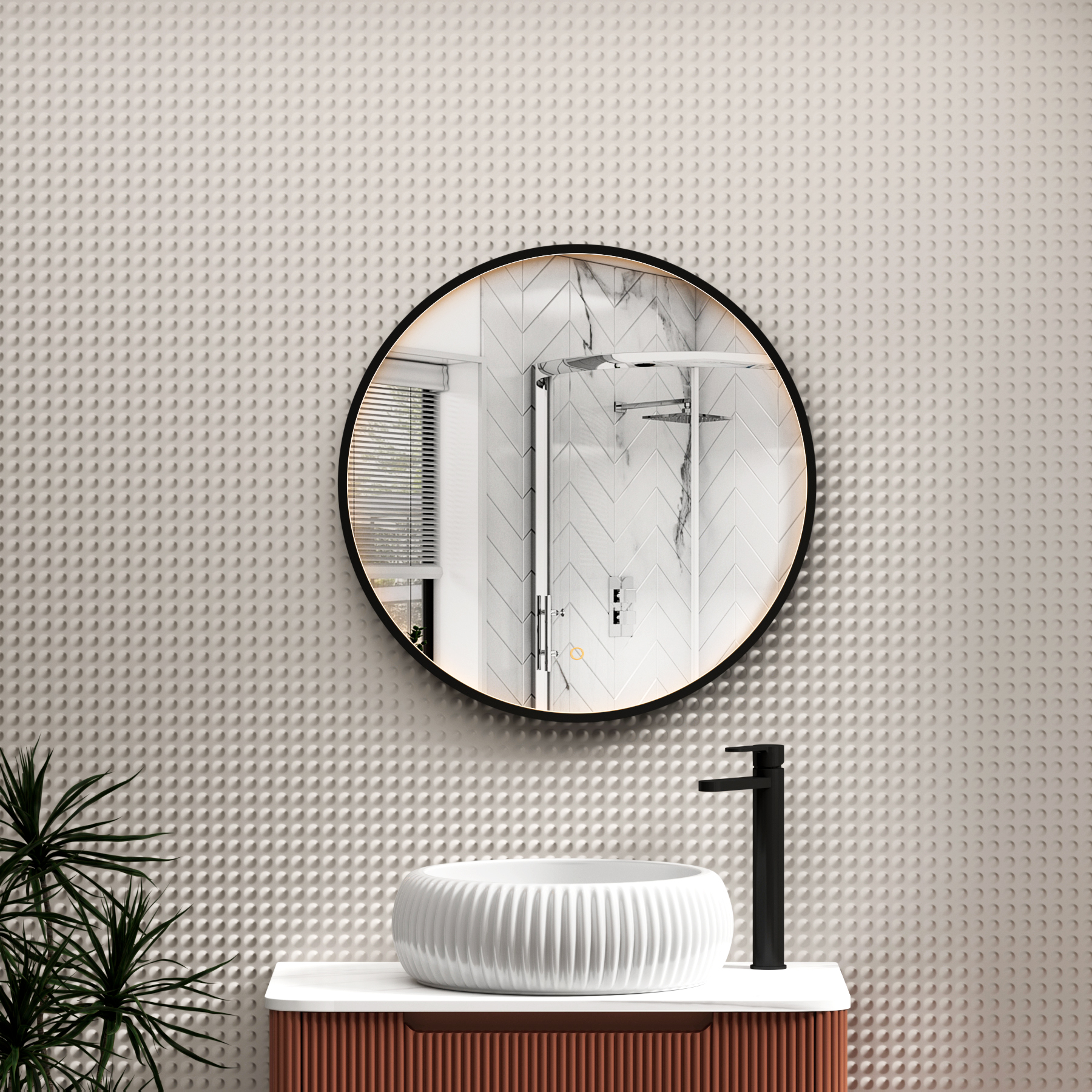 Luxor Matt Black Round Framed Mirror Within Frame LED, Touch Sensor & Demister Pad