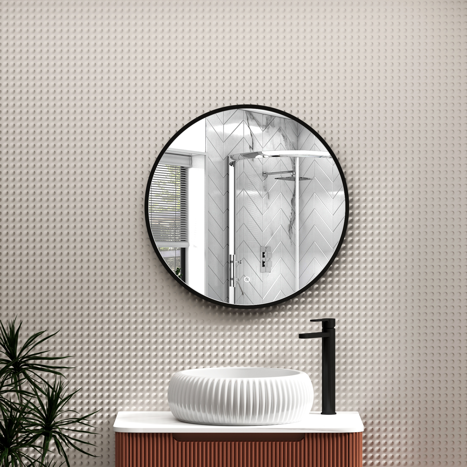 Luxor Matt Black Round Framed Mirror Within Frame LED, Touch Sensor & Demister Pad