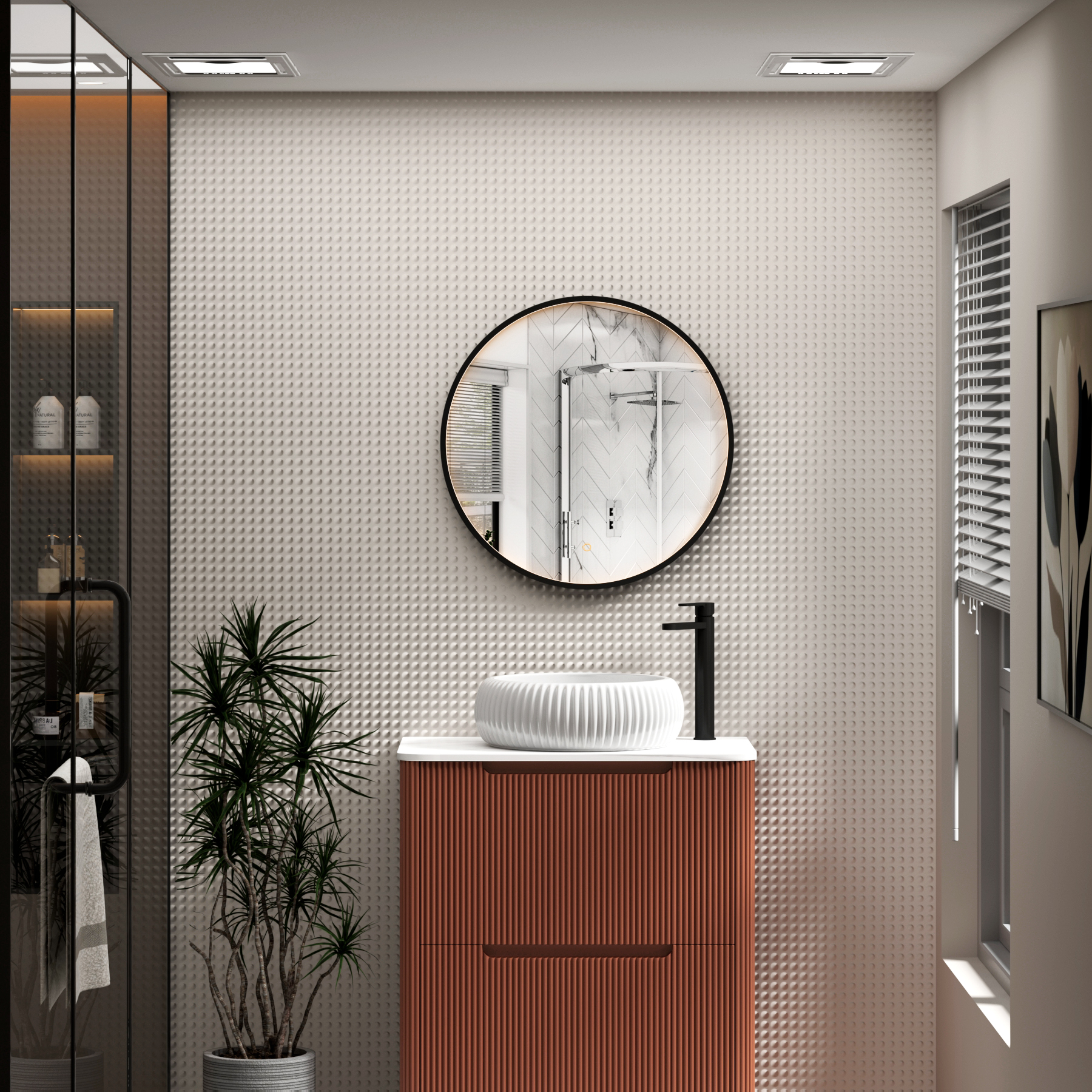 Luxor Matt Black Round Framed Mirror Within Frame LED, Touch Sensor & Demister Pad
