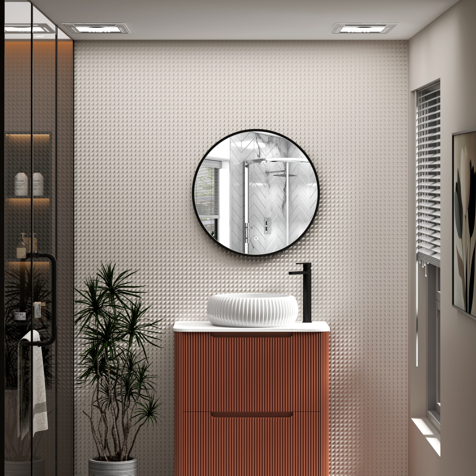 Luxor Matt Black Round Framed Mirror Within Frame LED, Touch Sensor & Demister Pad