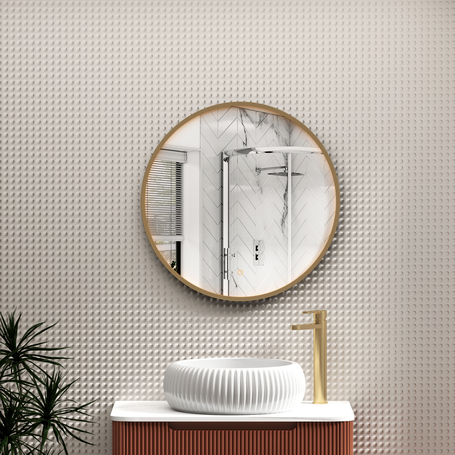 Luxor Brushed Brass Round Framed Mirror Within Frame LED, Touch Sensor & Demister Pad