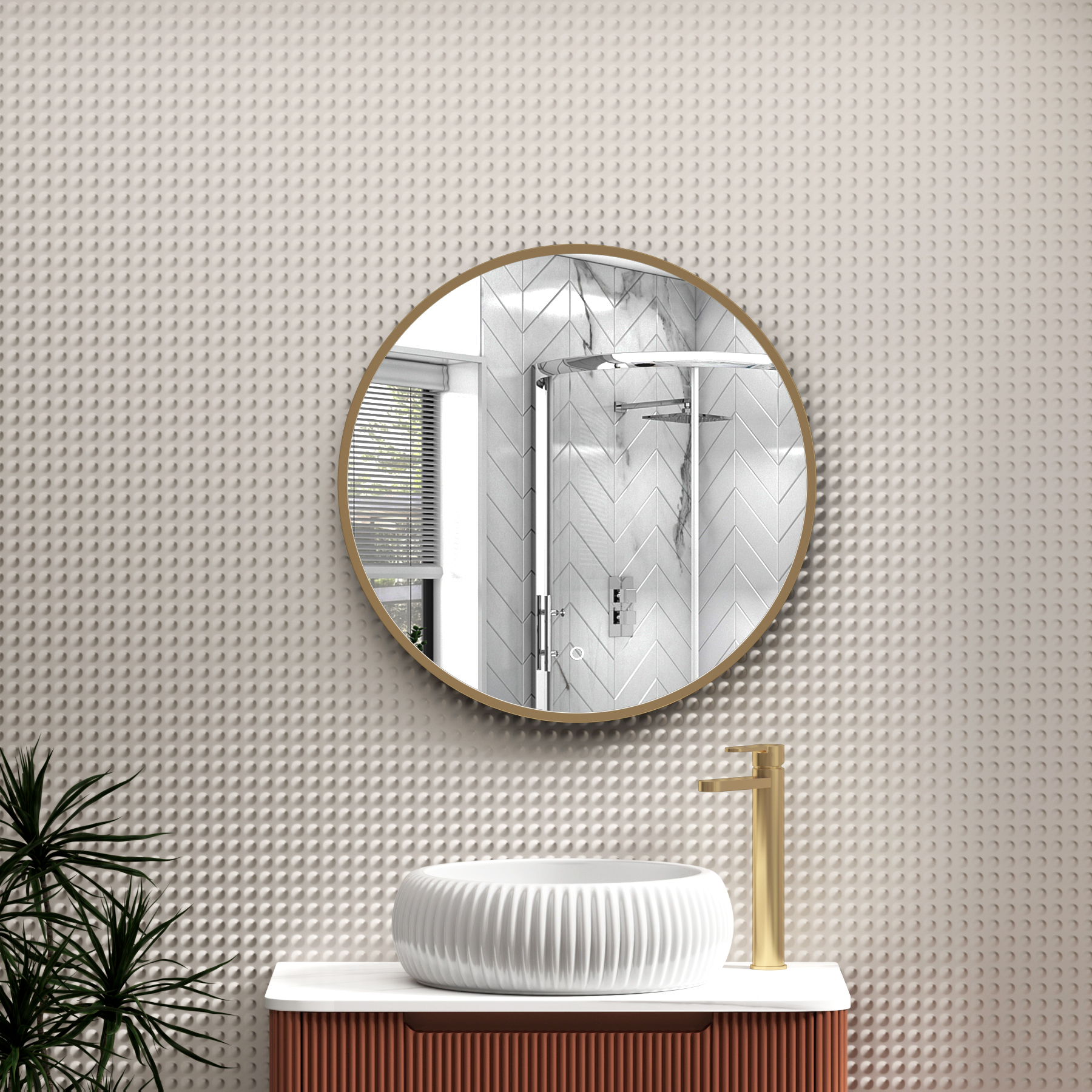 Luxor Brushed Brass Round Framed Mirror Within Frame LED, Touch Sensor & Demister Pad