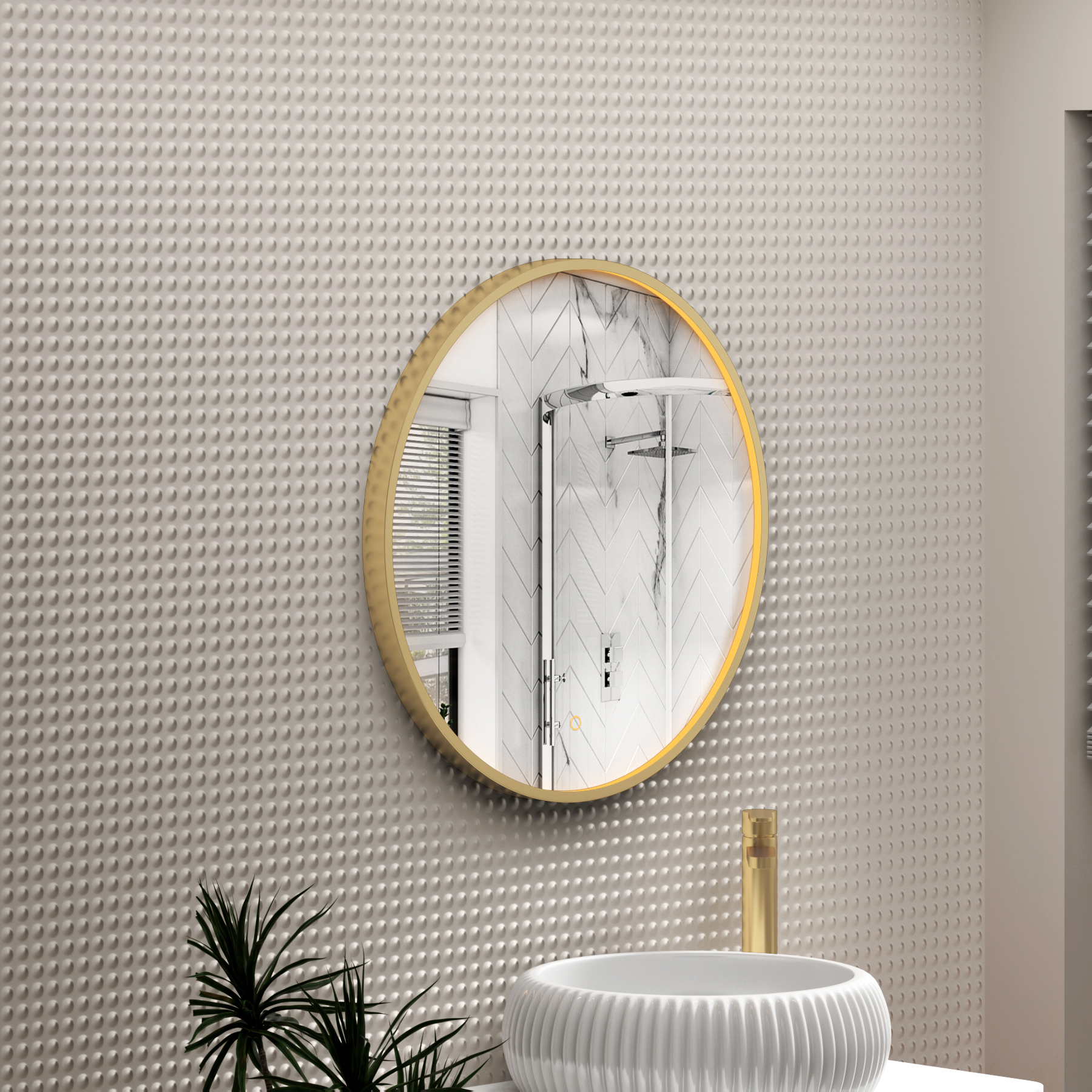 Luxor Brushed Brass Round Framed Mirror Within Frame LED, Touch Sensor & Demister Pad