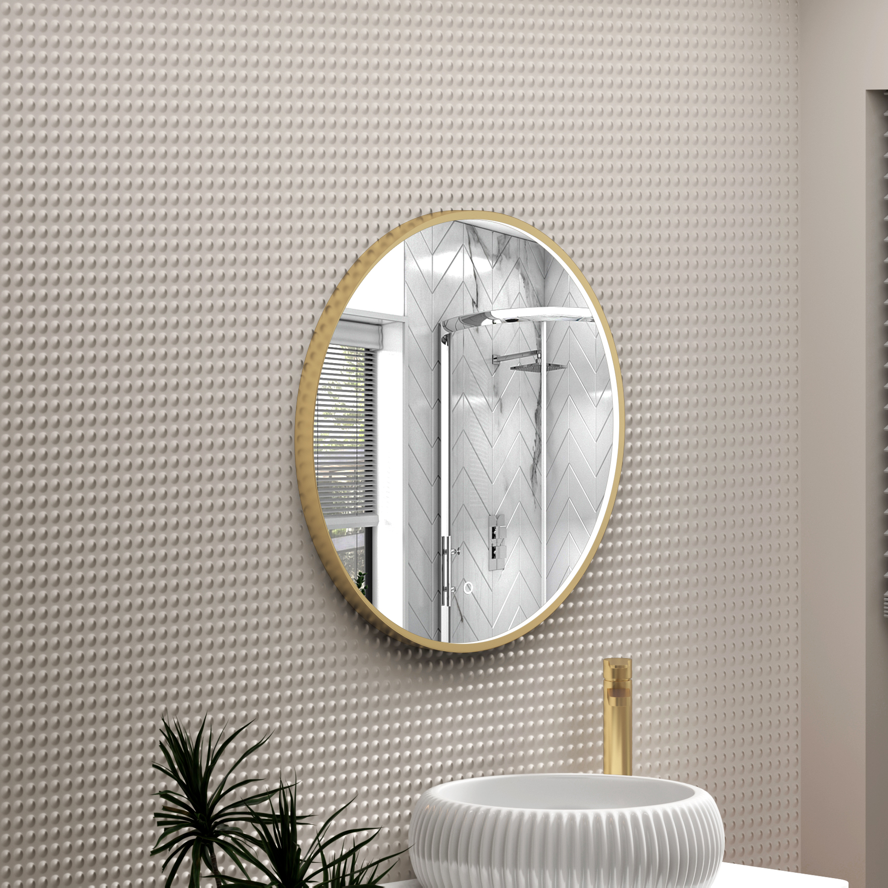 Luxor 600 x 600mm Brushed Brass Round Framed Mirror Within Frame LED, Touch Sensor & Demister Pad