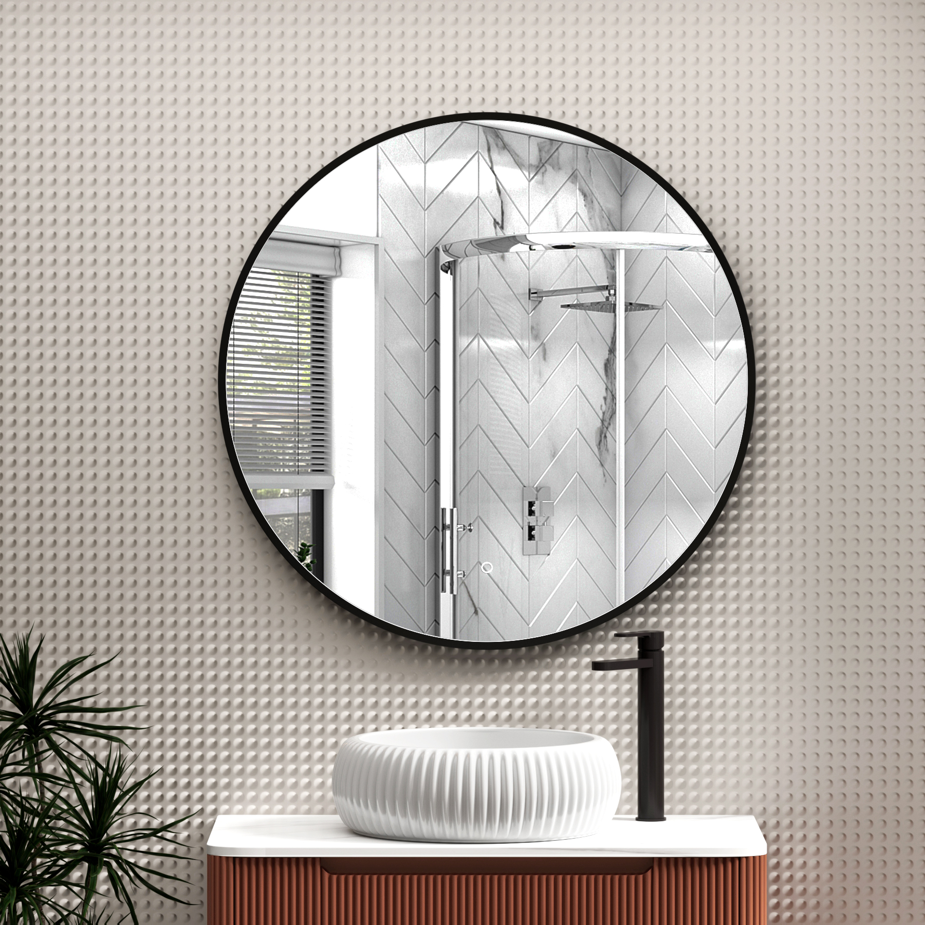 Luxor Matt Black Round Framed Mirror Within Frame LED, Touch Sensor & Demister Pad