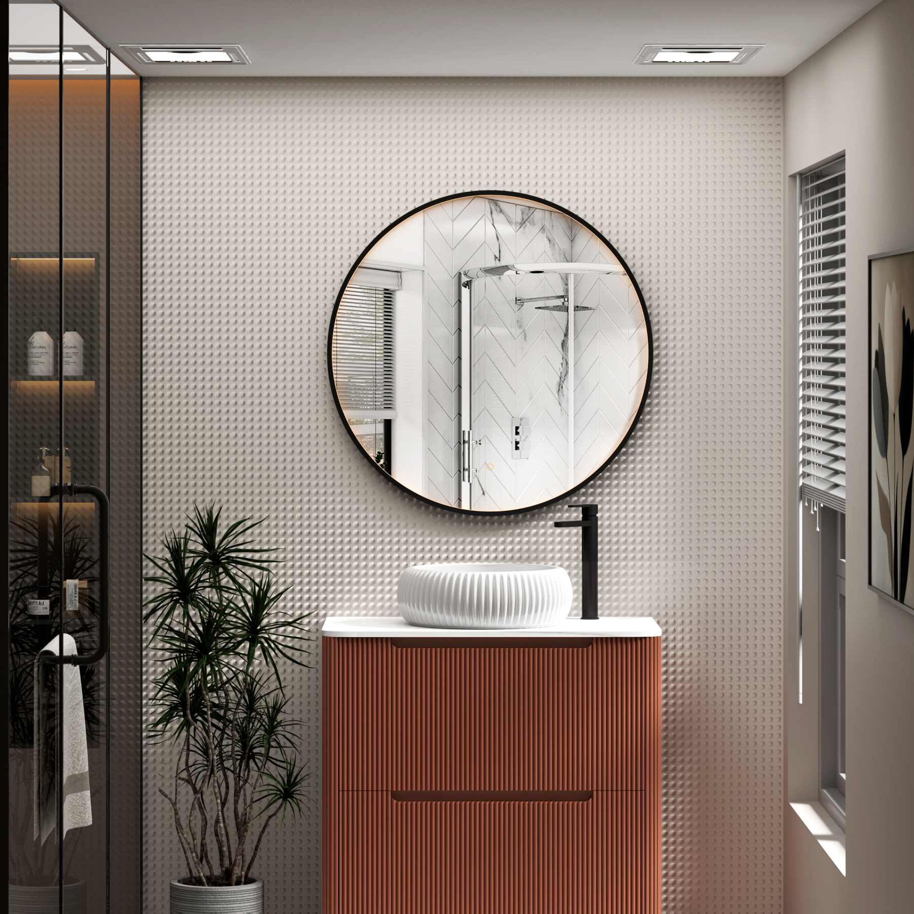 Luxor Matt Black Round Framed Mirror Within Frame LED, Touch Sensor & Demister Pad