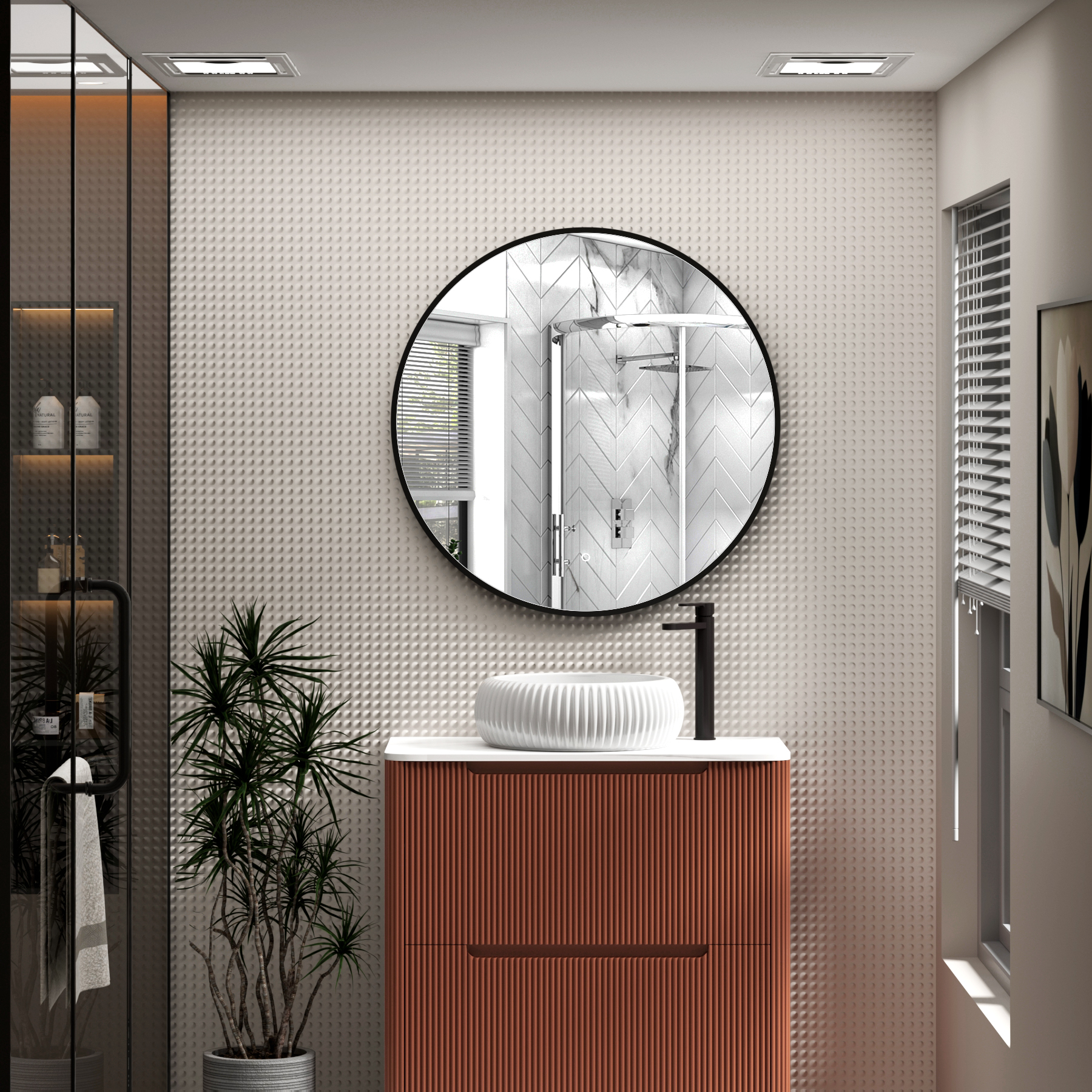 Luxor Matt Black Round Framed Mirror Within Frame LED, Touch Sensor & Demister Pad